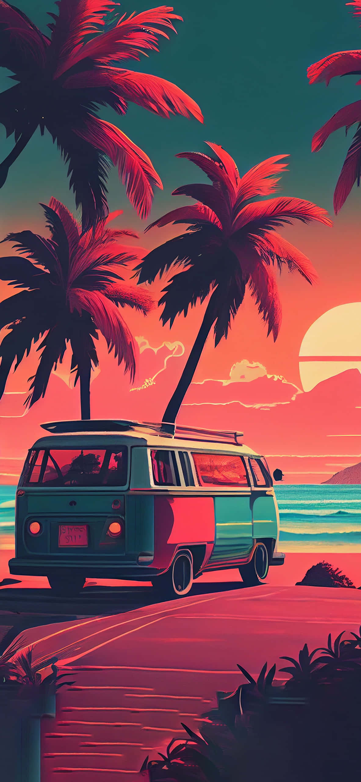 海灘上的貨車與棕櫚樹 壁紙