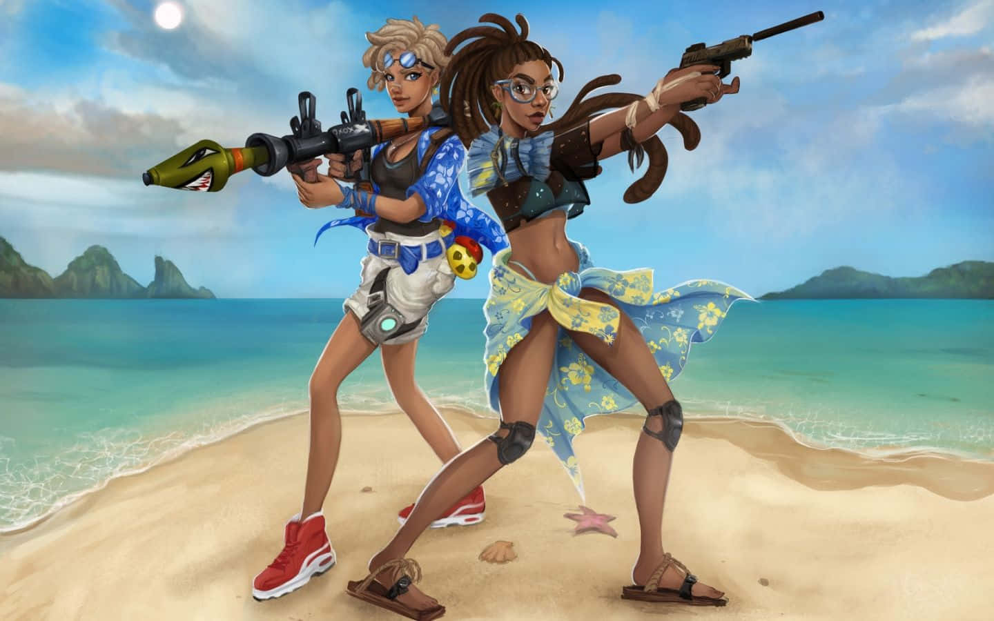 海灘主題Fortnite角色 壁紙 — 兩位動畫女性戰士穿著沙灘裝，在熱帶海岸上瞄準未來武器，背景有碧綠海水和遠處島嶼。