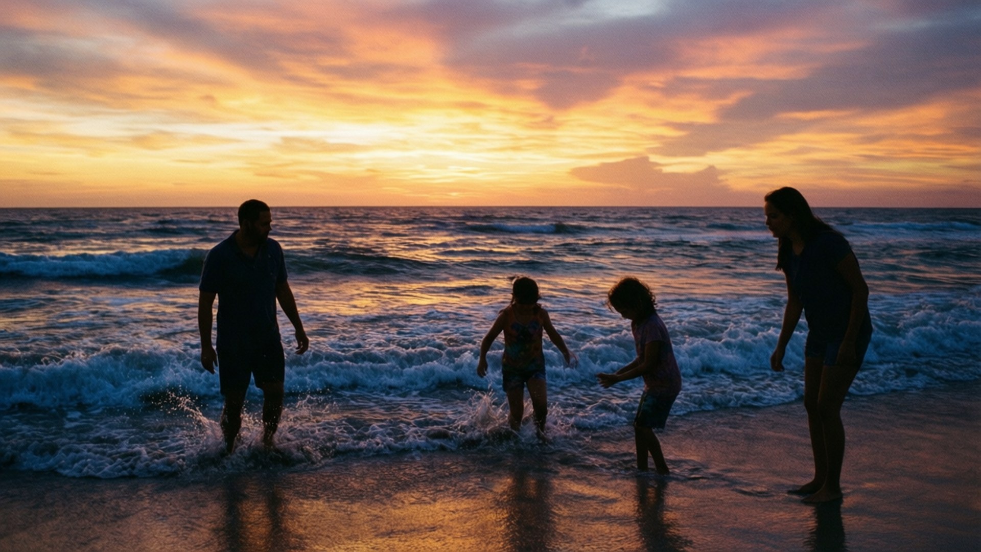 海灘夕照嬉戲 壁紙 — 一家四口站在日落時分的海浪中，火紅橙紫的天空倒映在濕沙上。