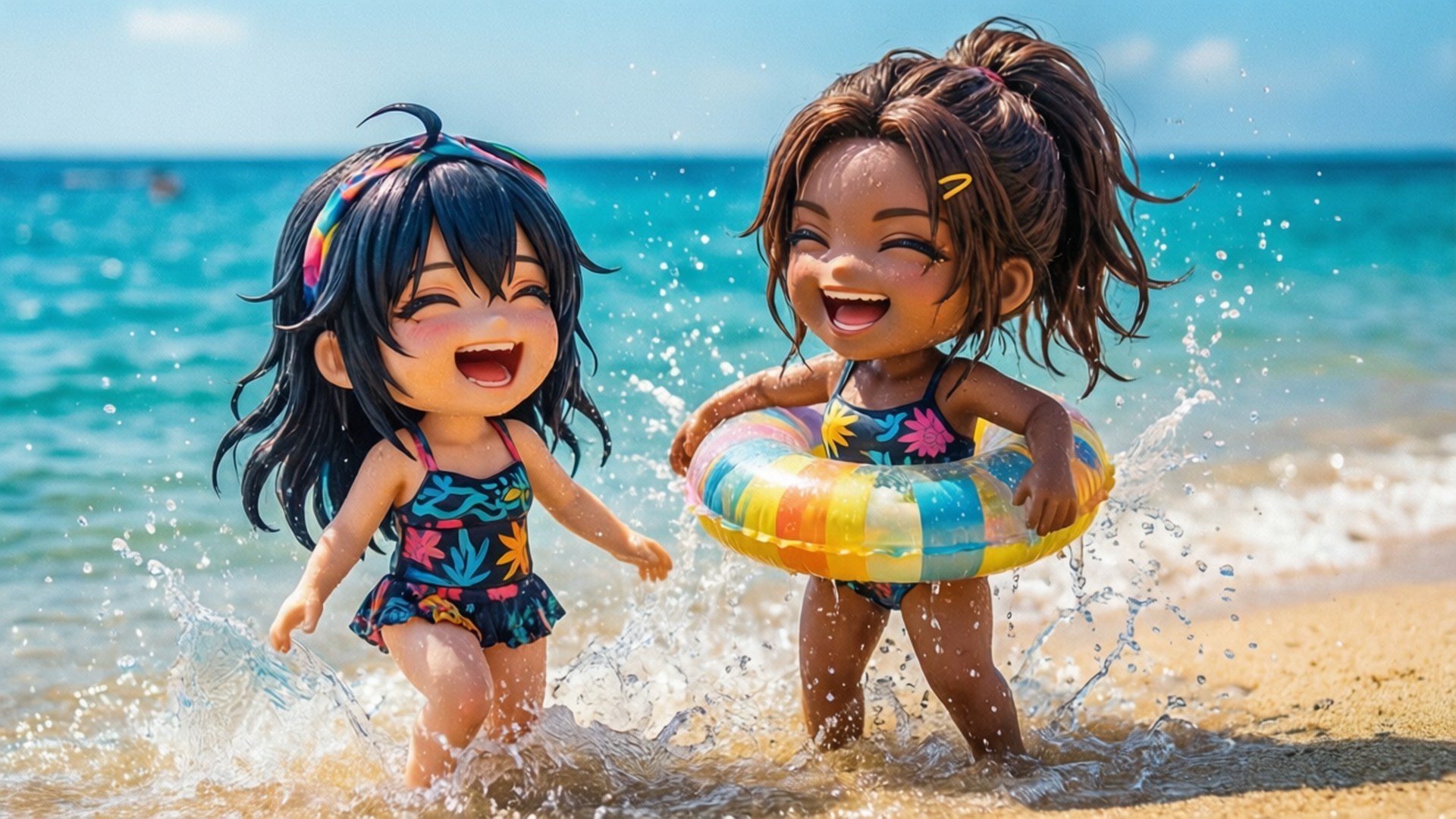 兩個Q版女孩在陽光明媚的海灘海浪中玩耍