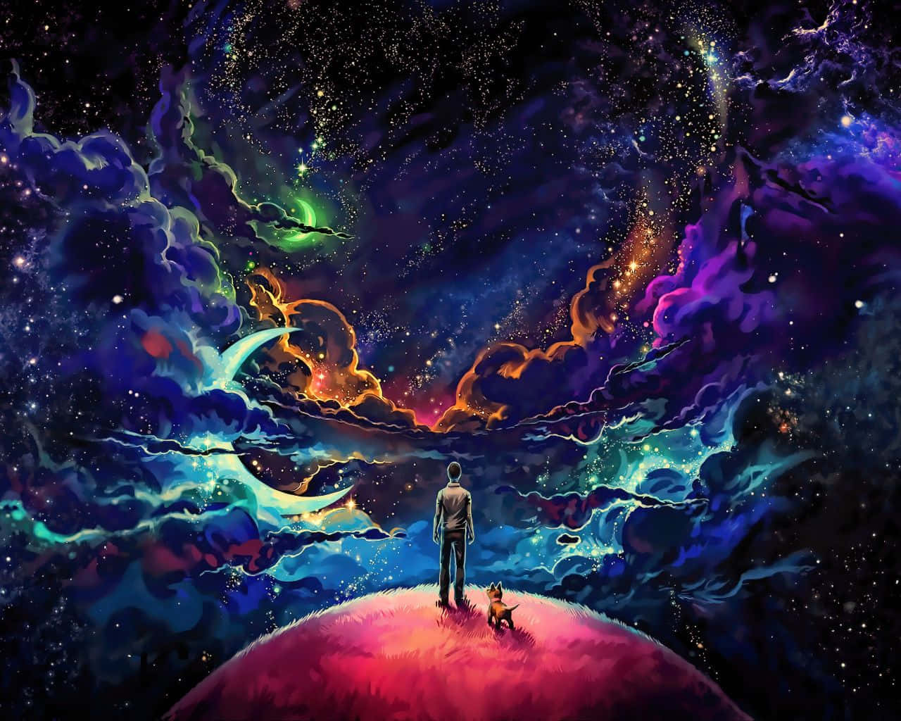 一個男人和他的狗在粉紅色的山丘上，在色彩繽紛的宇宙天空下，有星星和星雲。