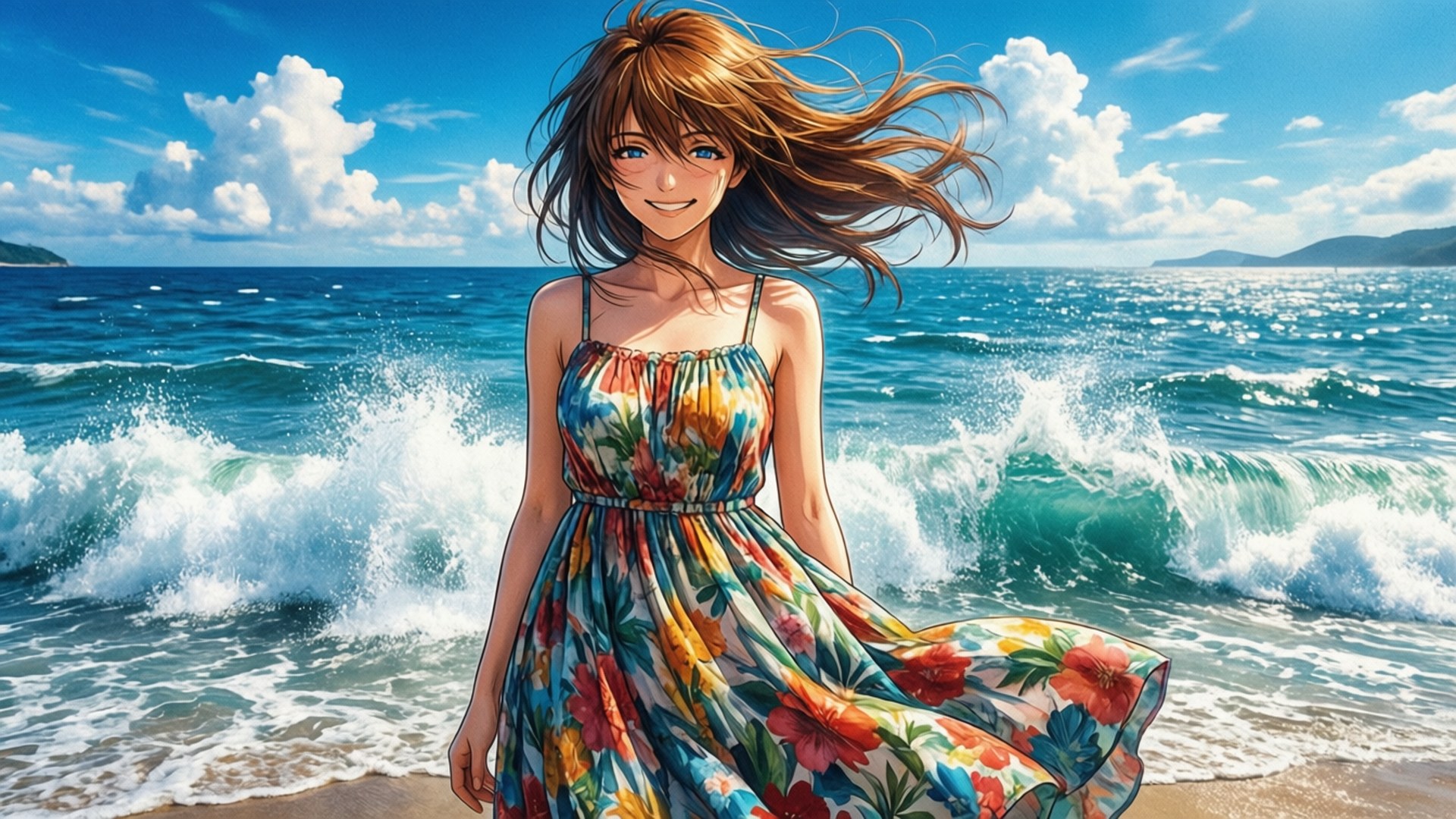 動漫女孩穿著花卉連衣裙在陽光明媚的海灘上微笑，身後有海浪拍打。