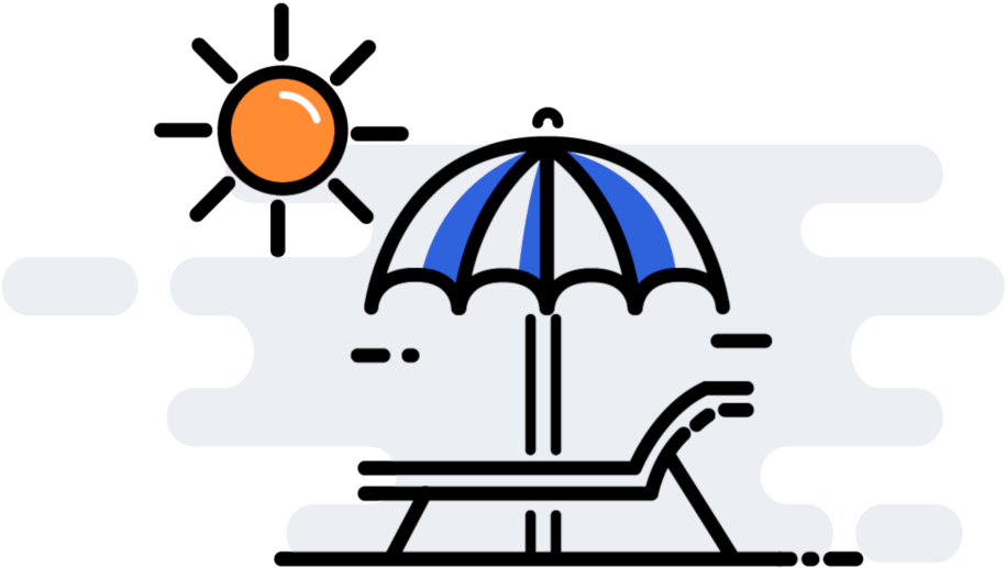 海灘放鬆場景 壁紙 — 一張極簡線條插圖，描繪沙灘椅在藍白條紋遮陽傘下，上方有明亮的橙色太陽。