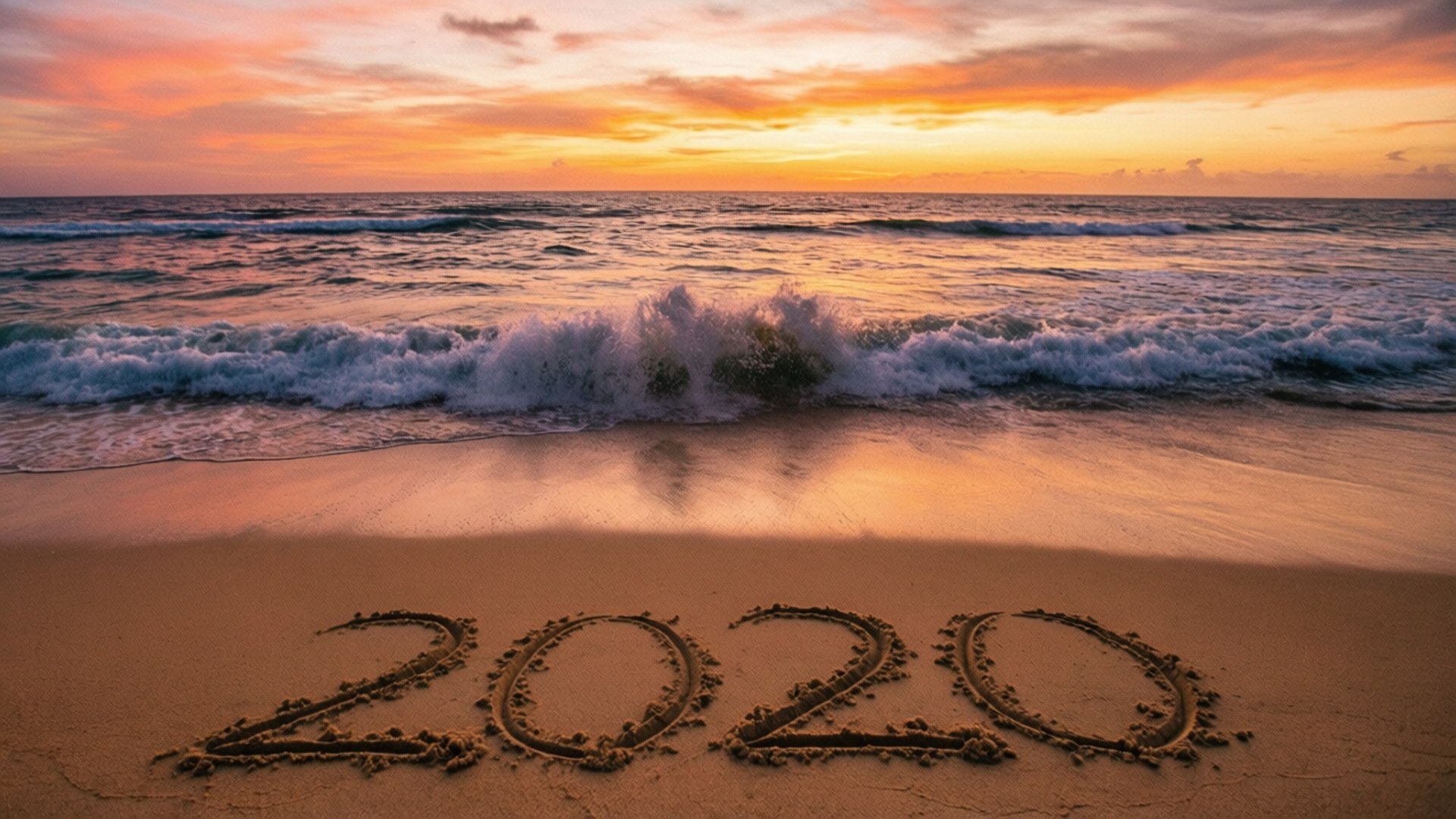 2020年寫在沙上，海浪在日落時拍打