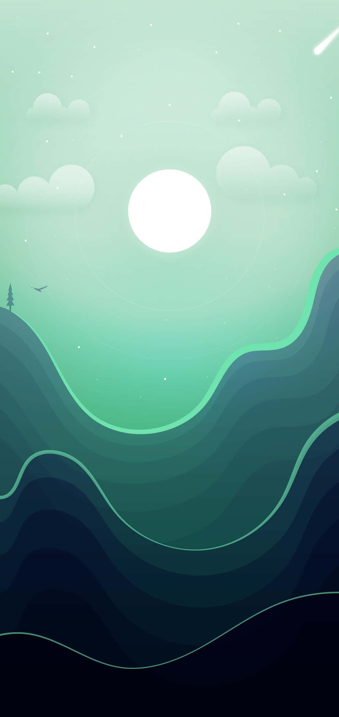 海灘日落優雅背景 壁紙 — 一個極簡的數位風景，起伏的藍綠色山丘在發光的太陽和柔軟的雲朵下。