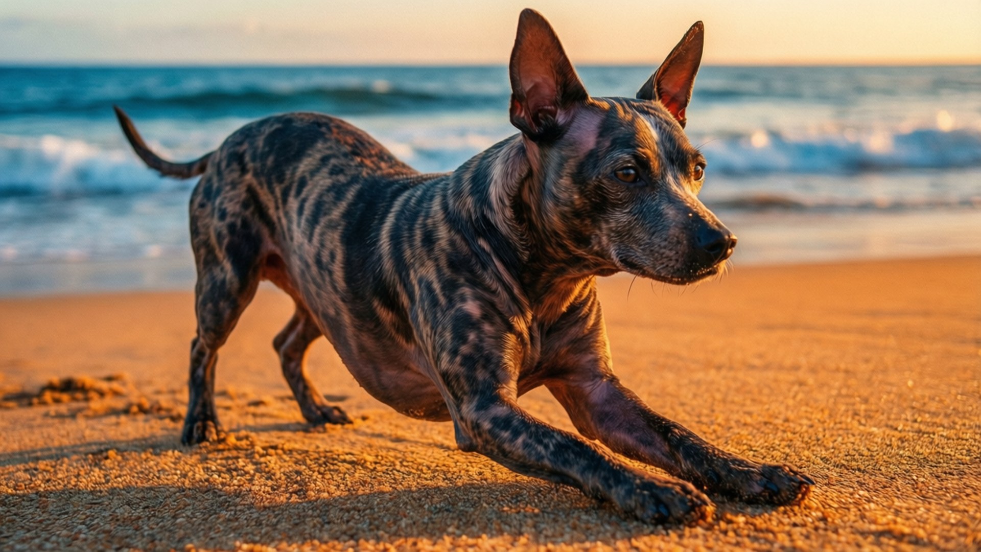 海灘日落時的墨西哥無毛犬伸展 壁紙 — 一隻虎斑狗在金色沙灘上伸展，夕陽下海浪翻滾。