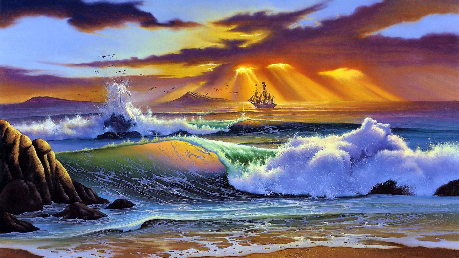 海灘日落時的帆船 壁紙 — 日落時分的戲劇性海洋場景，有拍岸的浪花、岩石，以及一艘孤獨的船隻在燦爛金色陽光下航行。