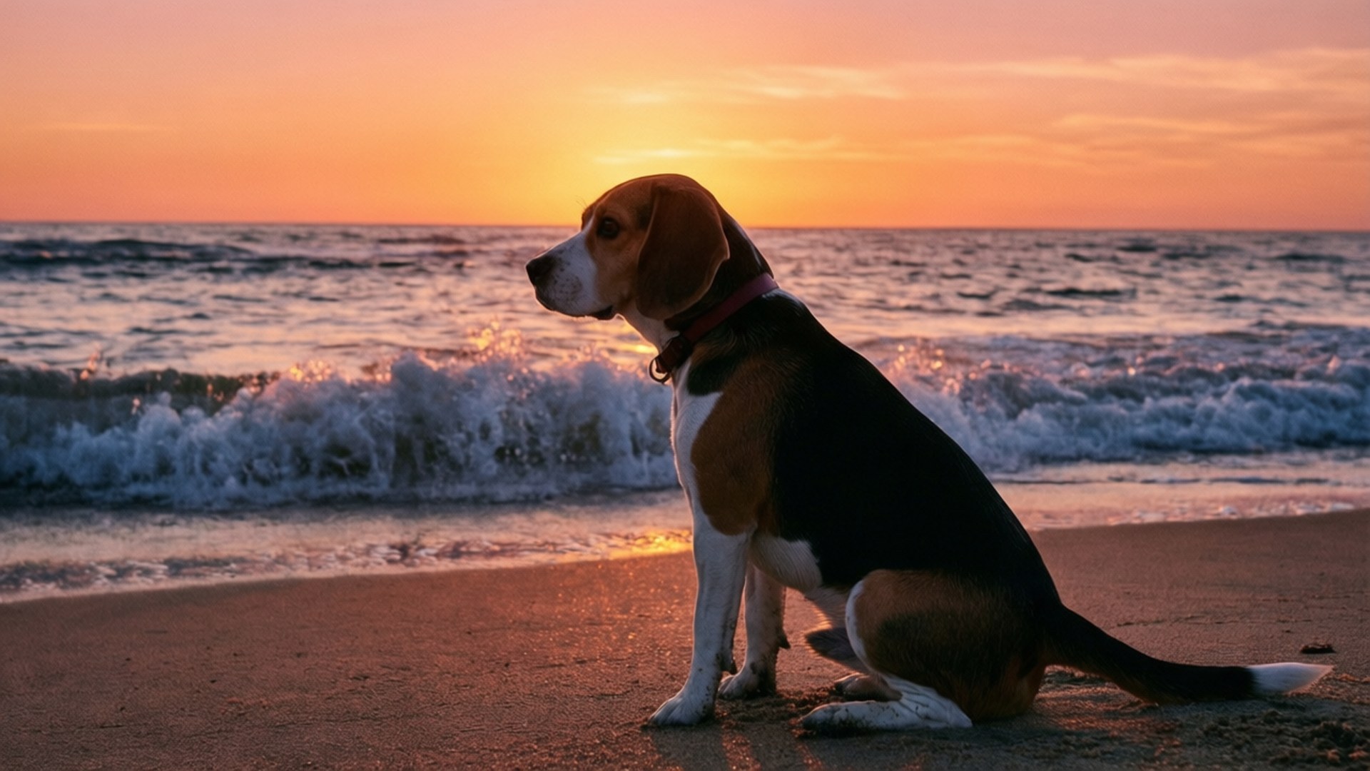比格犬坐在沙灘上觀看日落時的海浪