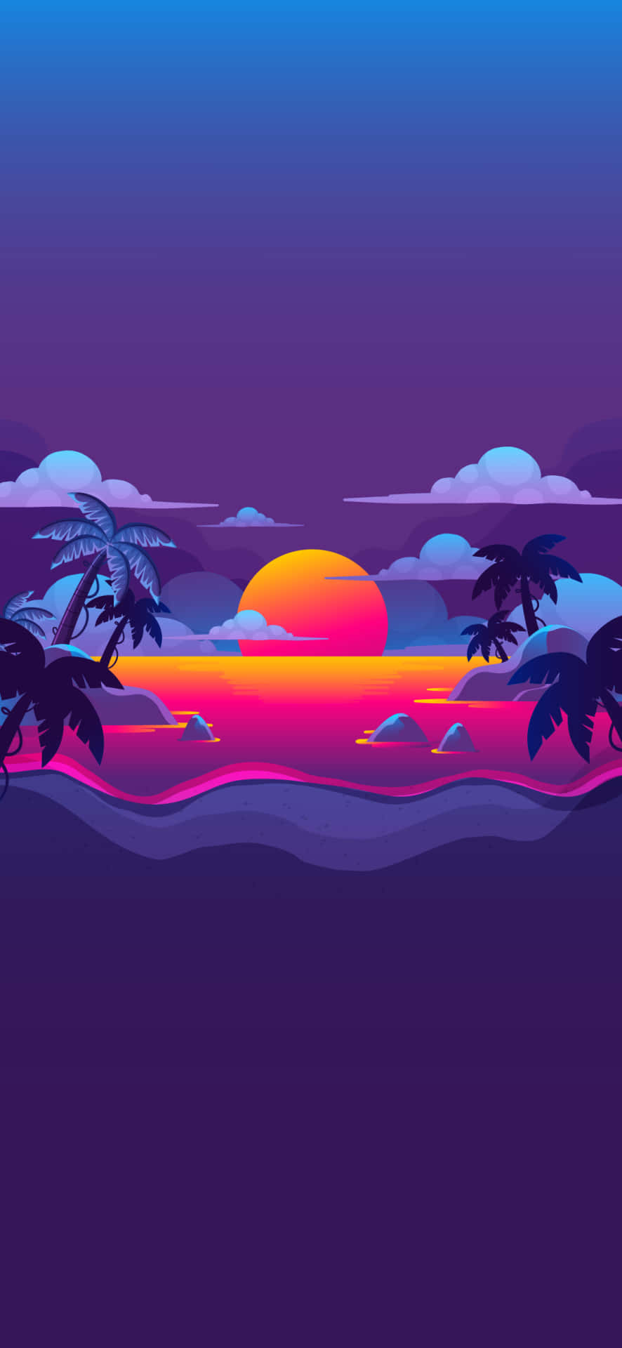 海灘日落絢麗夏日風景 壁紙 — 充滿活力的復古日落，熱帶海洋上棕櫚樹閃耀著霓虹粉紅和紫色色調。
