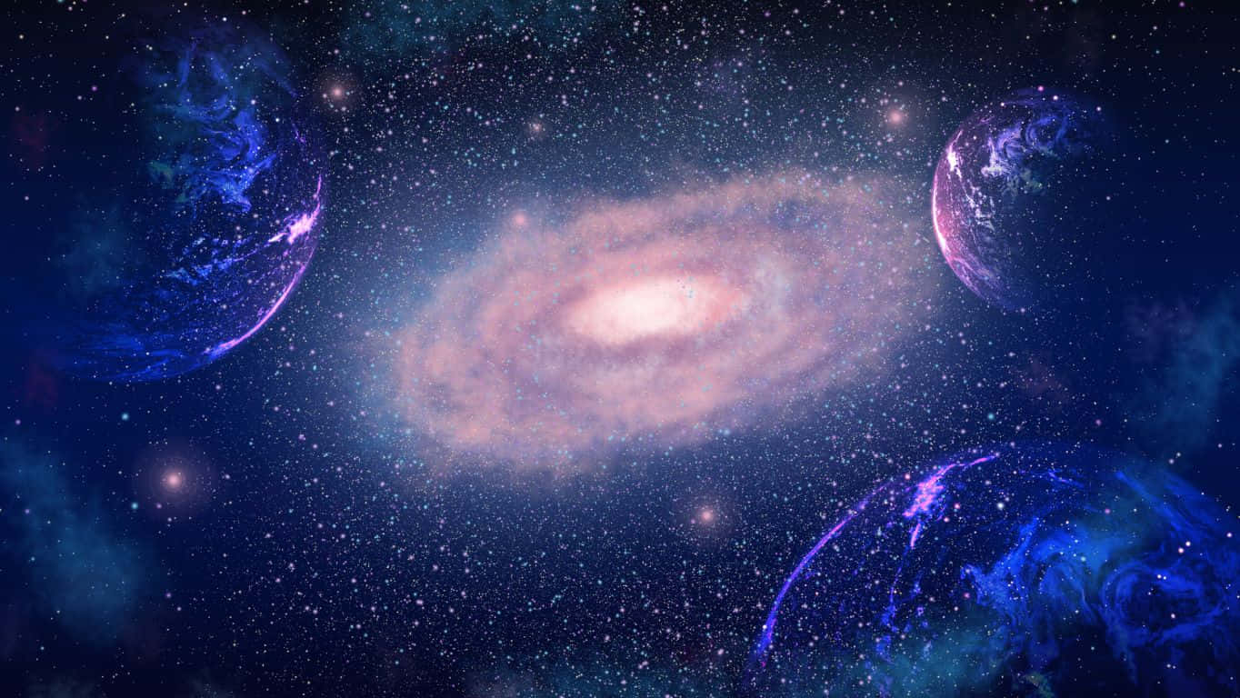一個發光的螺旋星系，在充滿星星的宇宙中被三顆藍色行星環繞。
