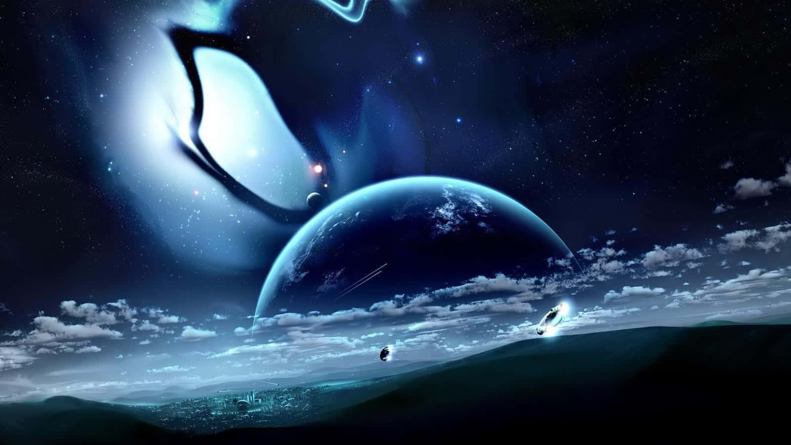 一顆藍色行星和眼睛形狀星雲懸浮在星空下的未來城市景觀之上。 — 1600x900 GIF 壁紙