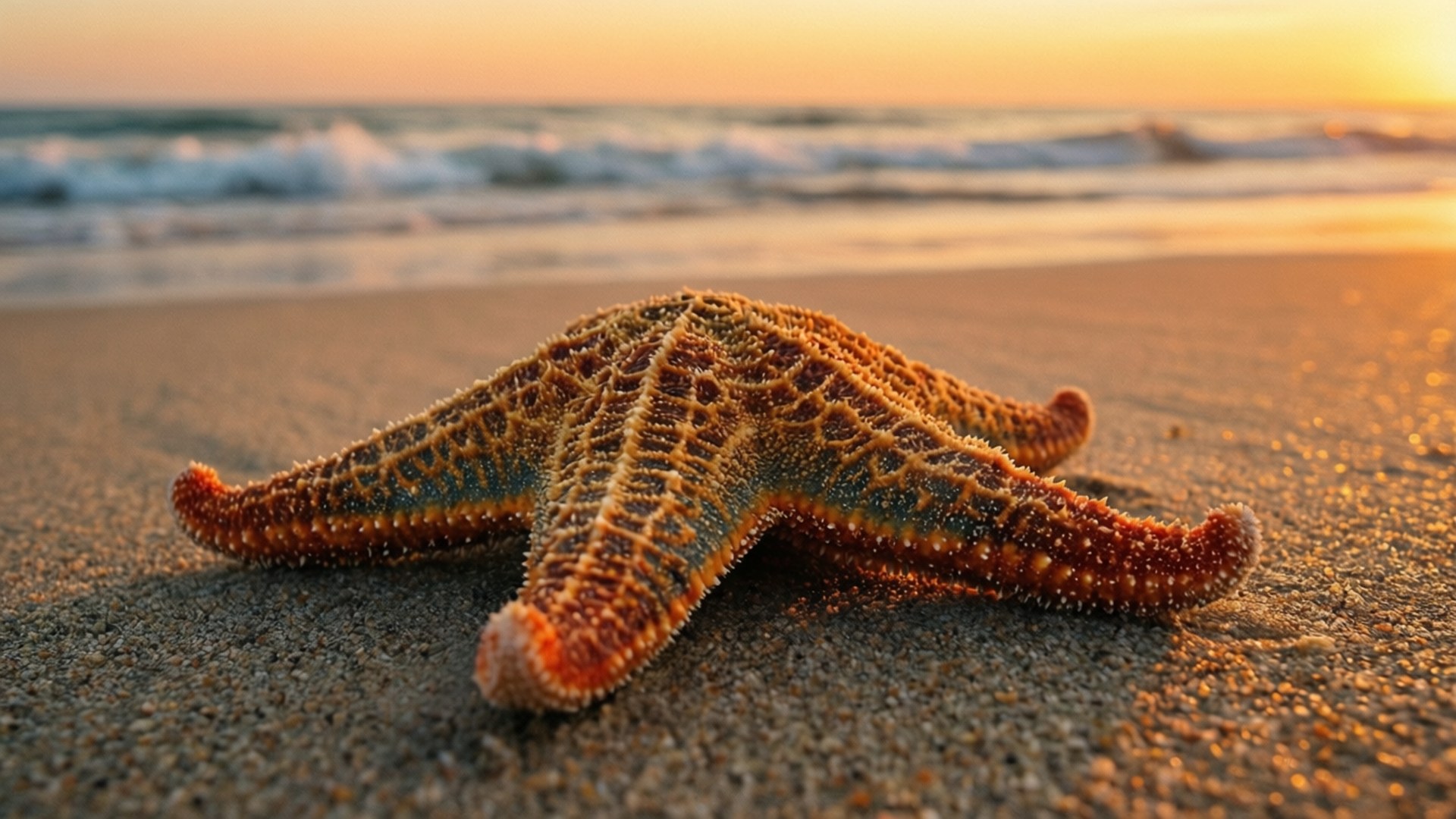 金色夕陽與海浪下的沙灘海星