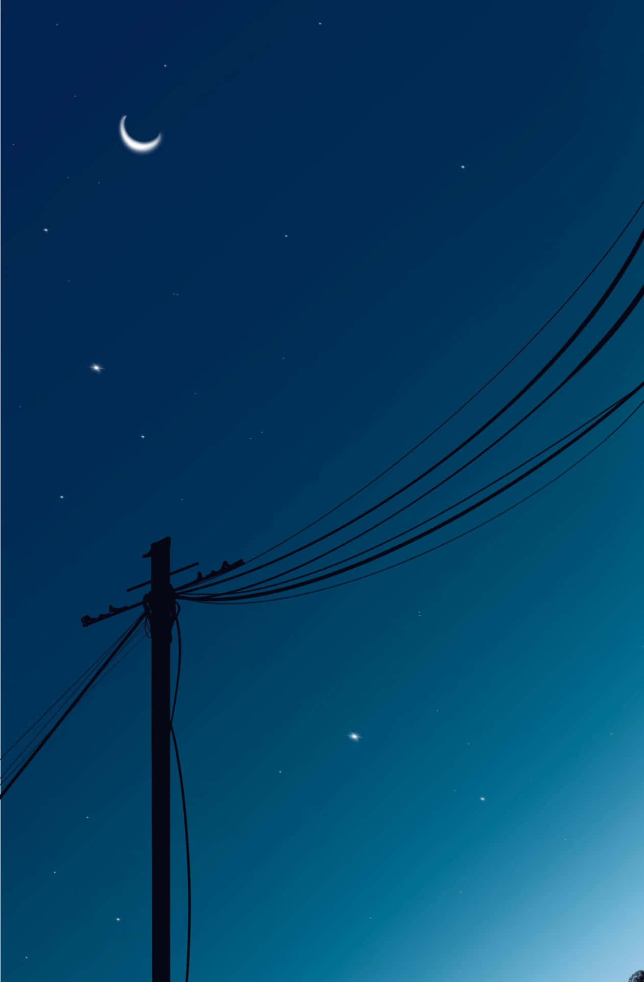 夜空中有新月和星星在電線杆和電線上方。