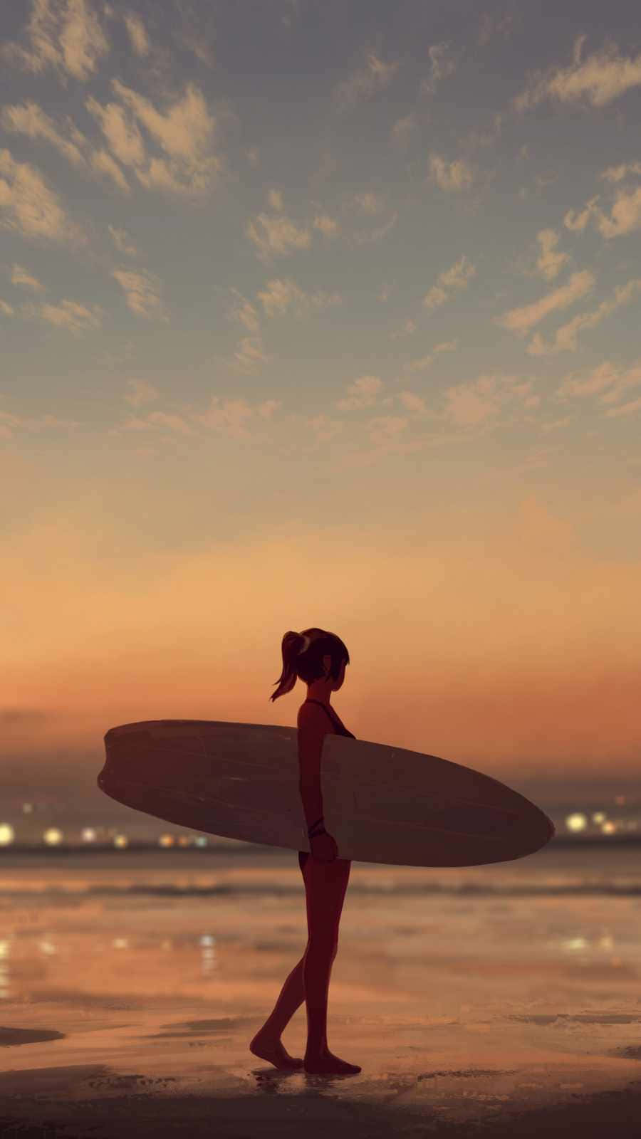 日落時沙灘上拿著衝浪板的衝浪女孩