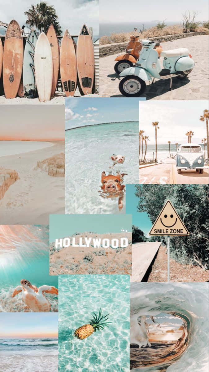 色彩繽紛的海灘拼貼畫，包含衝浪板、滑板車和海洋場景。