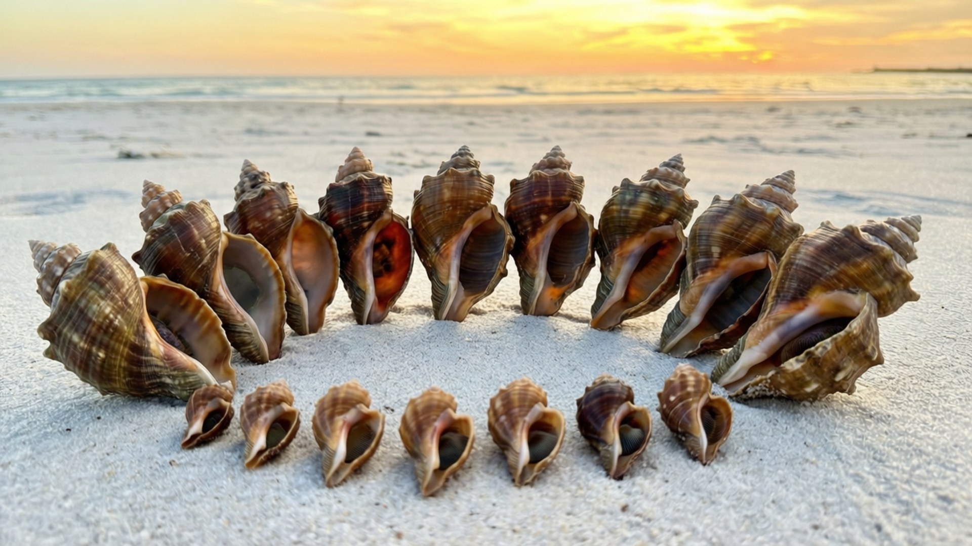 海灘貝殼收藏 壁紙 — 一排大大小小的海螺殼排列在金色日落時分的沙灘上，背景是海洋波浪。