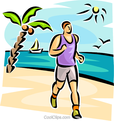 海灘跑步插畫 壁紙 — 一個卡通男人在陽光明媚的海灘上慢跑，旁邊有棕櫚樹，背景有帆船和鳥兒。