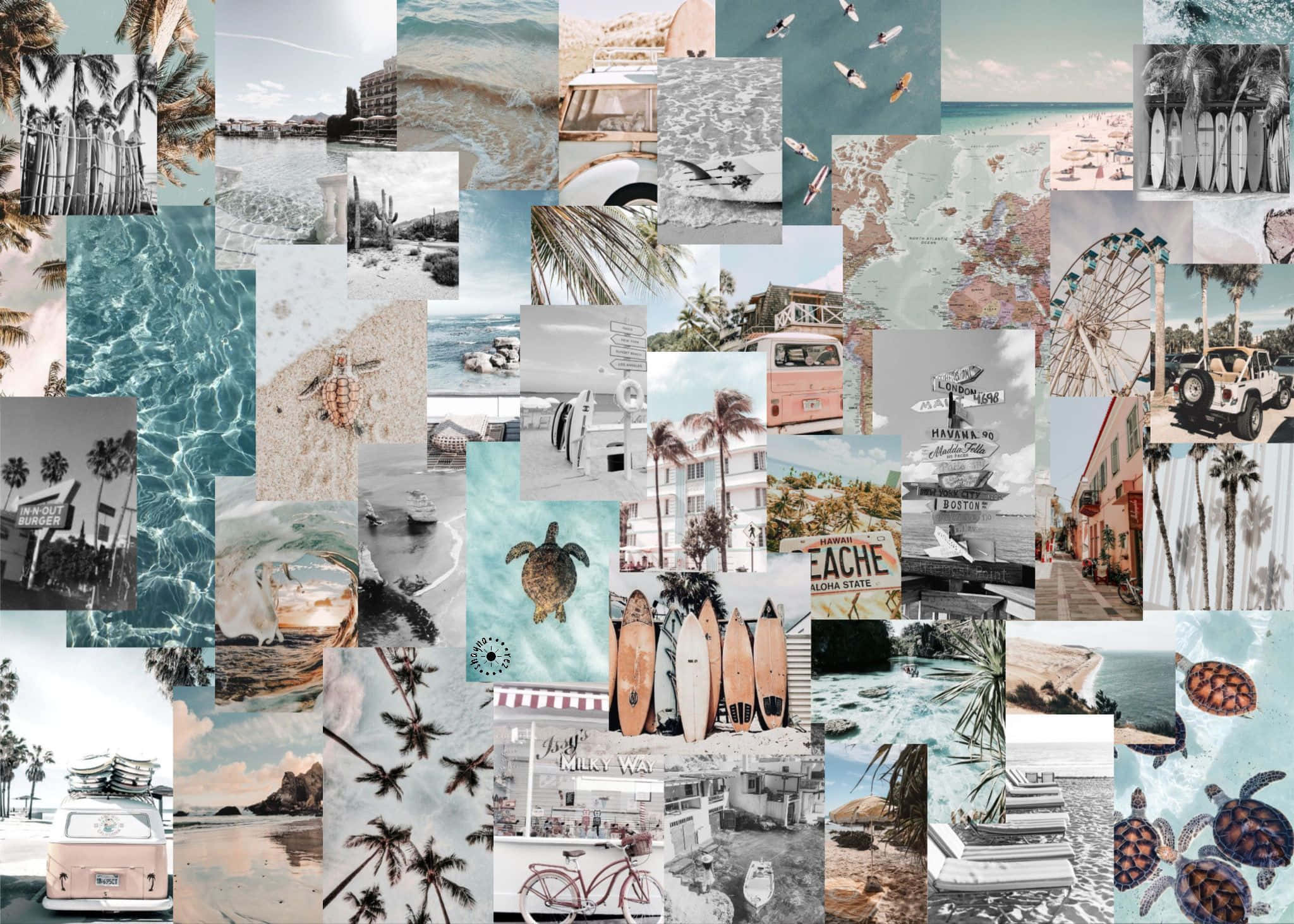 海灘風情拼貼畫 壁紙 — 一幅充滿活力的海灘主題拼貼畫，以衝浪板、海龜、棕櫚樹和復古麵包車為特色，採用柔和色調。