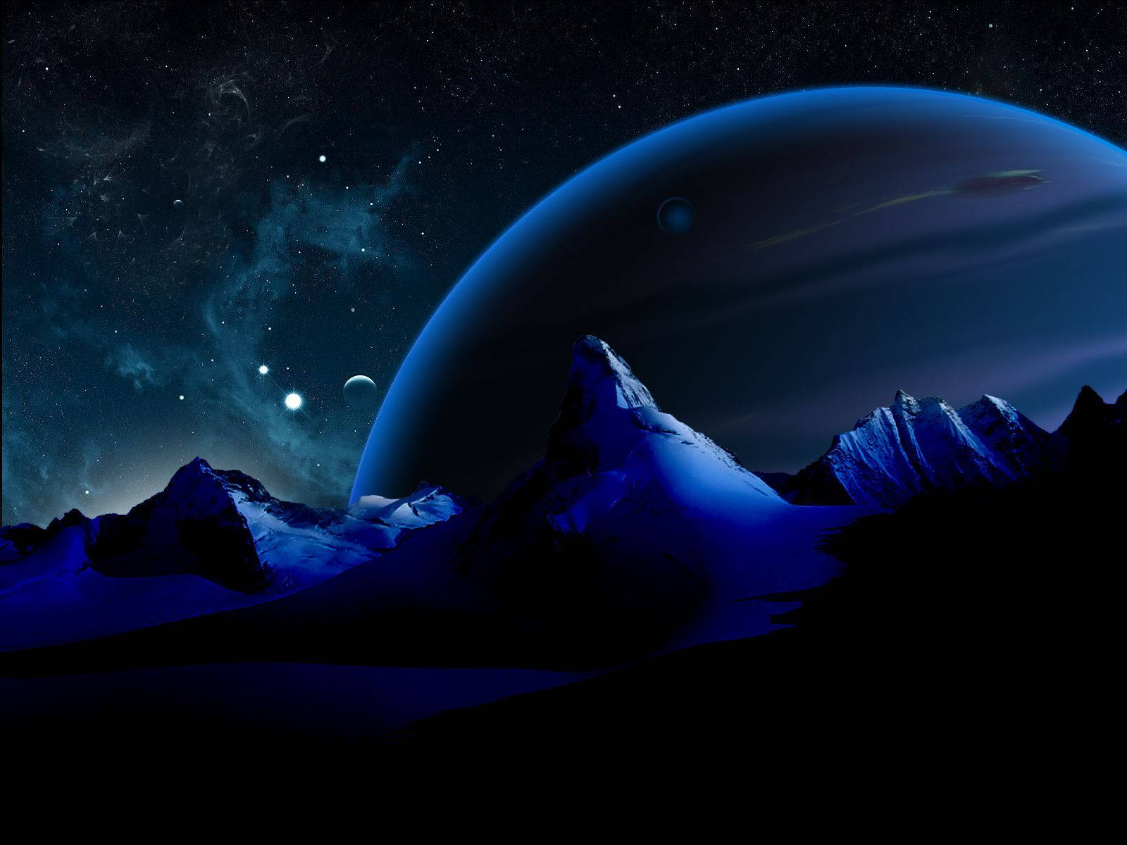 海王星與岩石山脈 壁紙 — 積雪的山峰在繁星點點的宇宙天空下，聳立於一顆巨大的藍色行星之下。