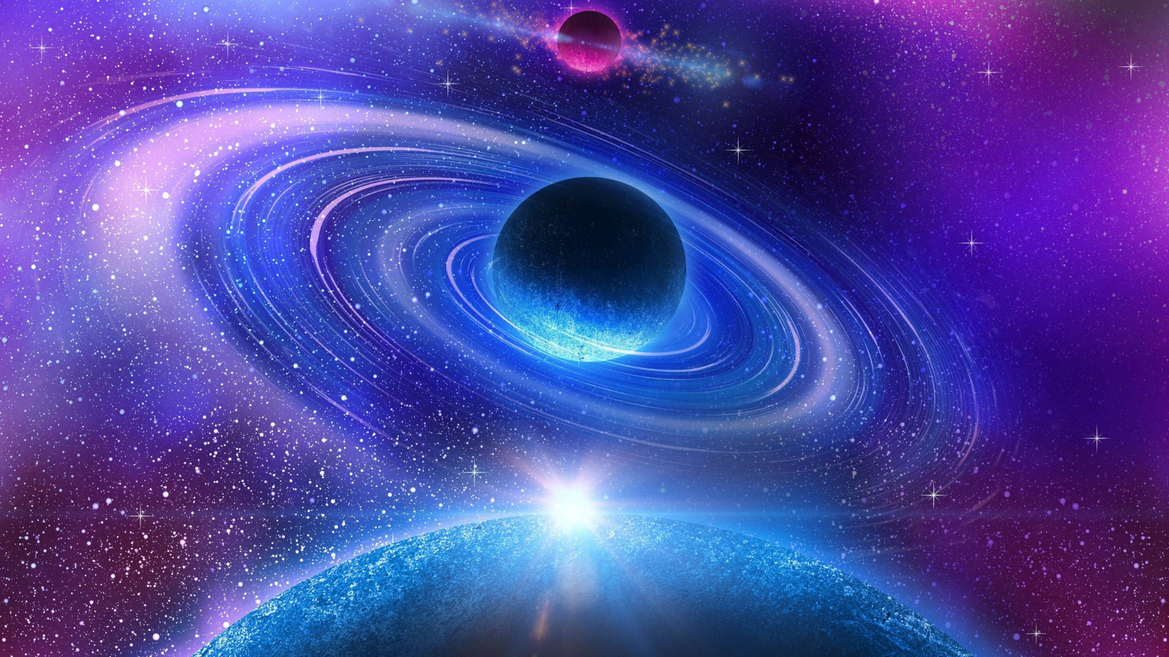 海王星行星 壁紙 — 一個宇宙場景，包含一個帶有光環的發光藍色行星、上方一個黑暗行星，以及下方一個明亮的星爆，背景是紫色星空。