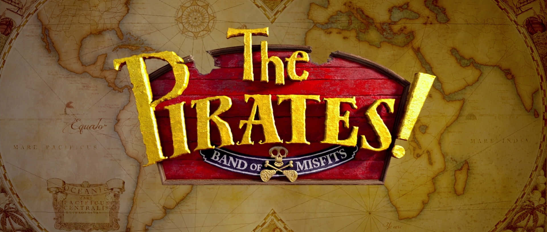 《海盜！怪盜團》電影標題卡 壁紙 — 金色3D文字喺紅色木牌上寫住「The Pirates!」，背景係一張古老嘅藏寶圖。