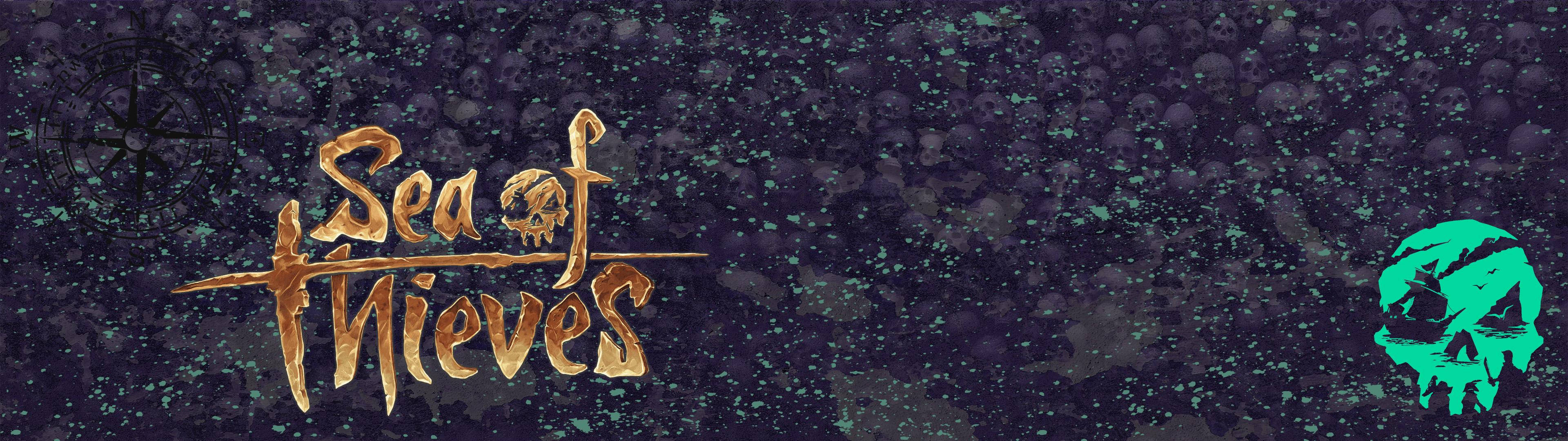 深色紋理背景上帶有骷髏頭徽章嘅Sea of Thieves遊戲標誌。