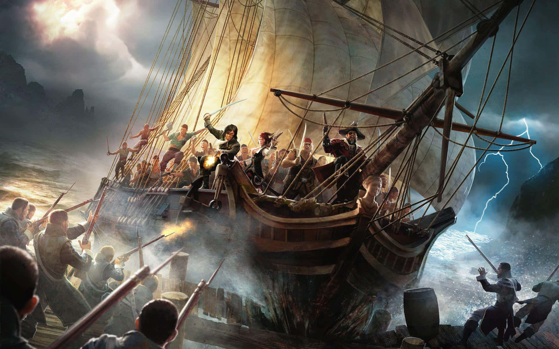 Pirate Ship 桌布 壁紙 — 海盜在波濤洶湧的海上交戰，閃電劃破天際，大砲轟鳴，一場激烈的船戰展開。