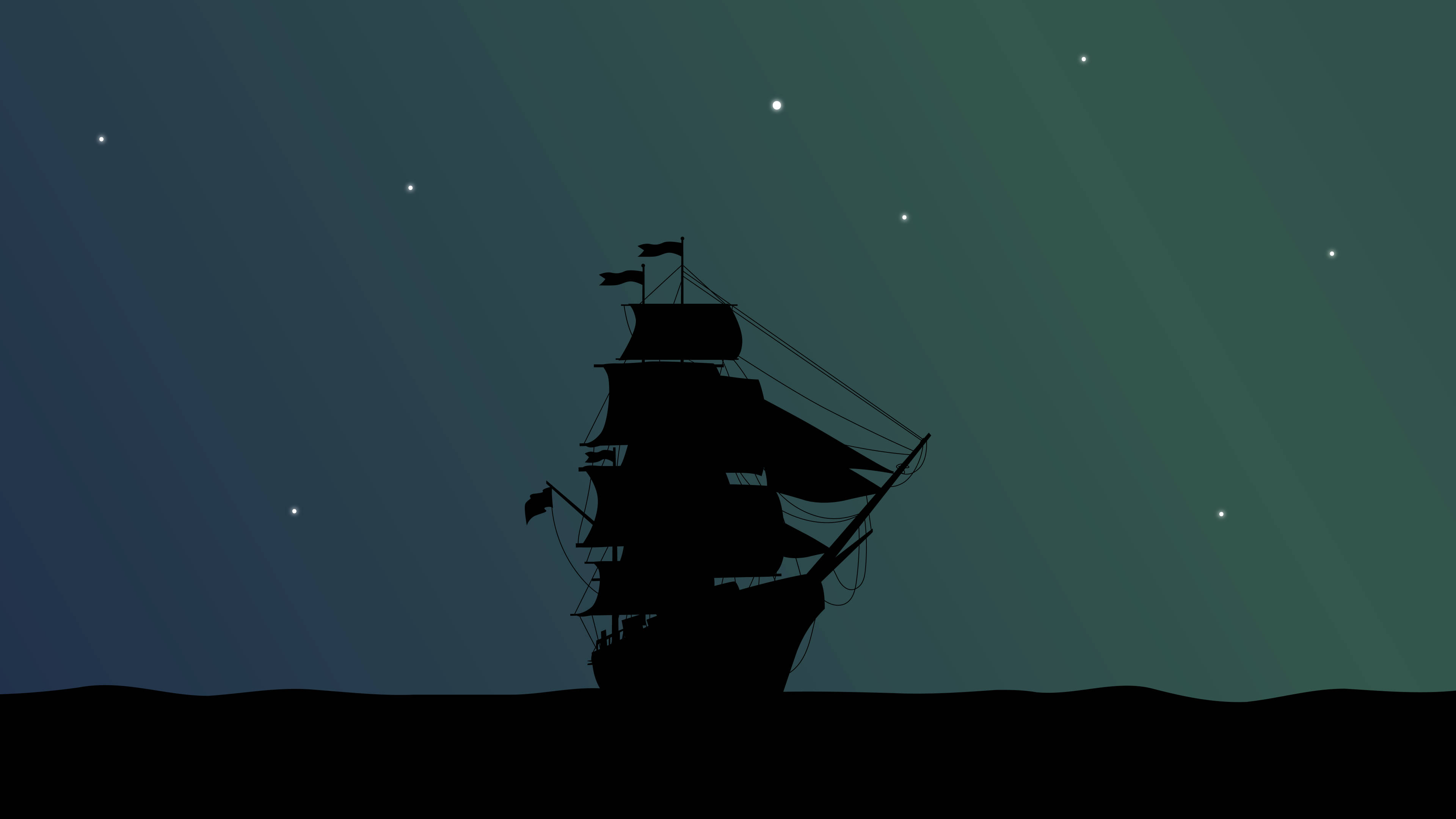 海盜船剪影藝術 壁紙 — 一艘高大的帆船在星空下航行，背景為青綠色和海軍藍的漸變色調。