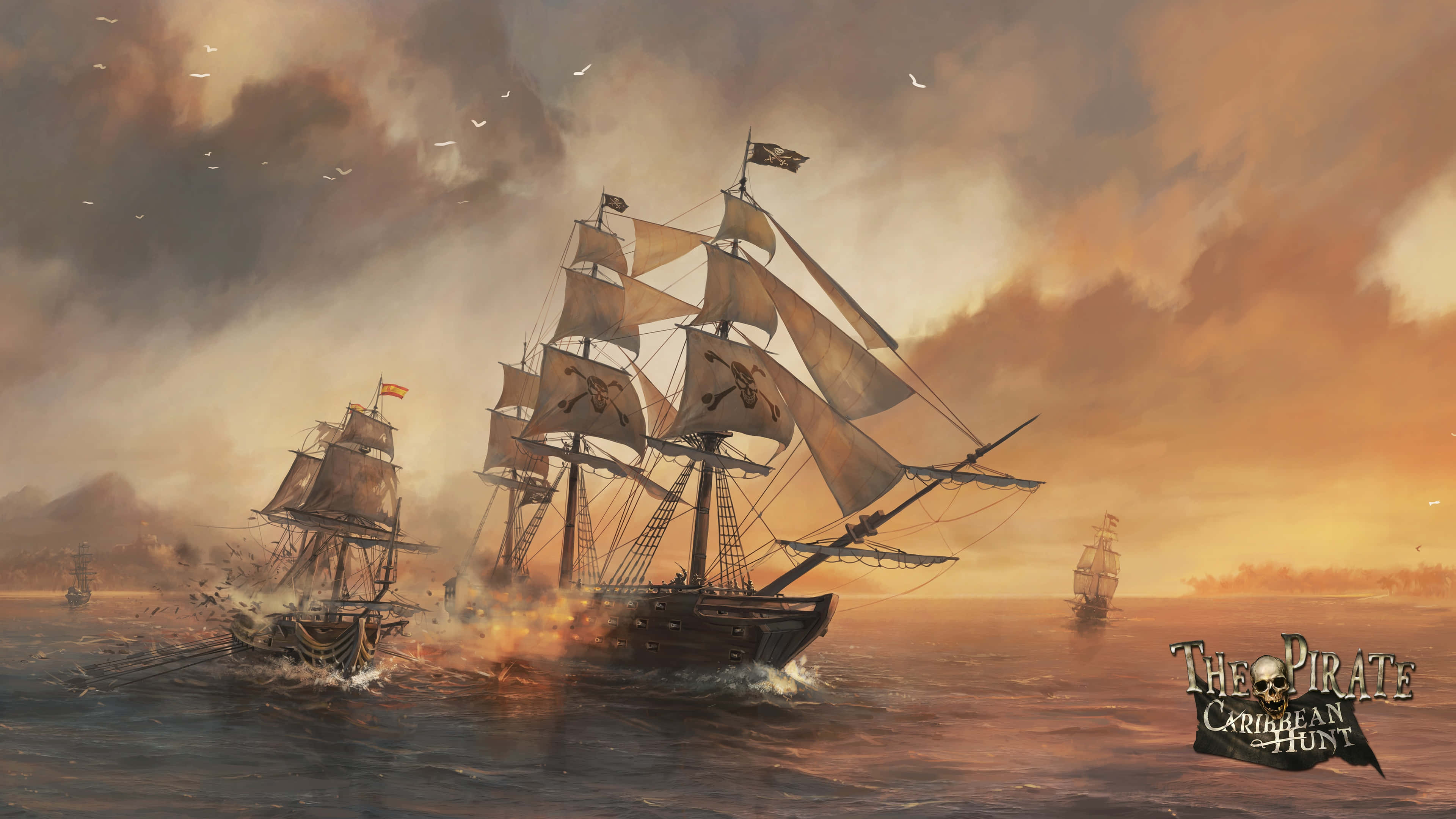 Pirates Of The Caribbean 桌布 壁紙 — 海盜船在波濤洶湧的海面上，於暴風雨橙色夕陽下激烈交戰。