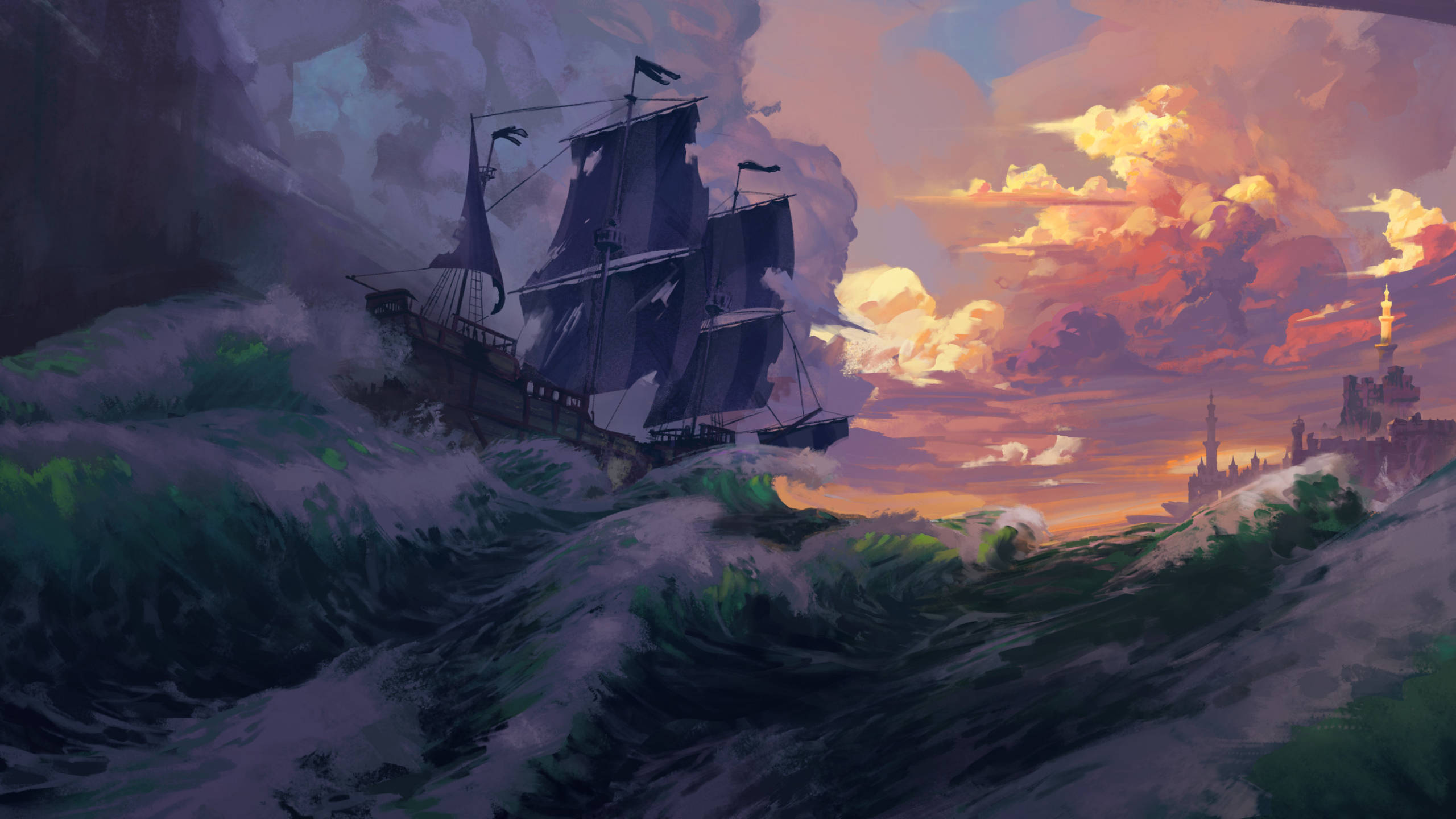 海盜船數位藝術 壁紙 — 一艘黑暗的帆船在熾熱的日落天空下與高聳的綠色波浪搏鬥，地平線上有遙遠的城堡。