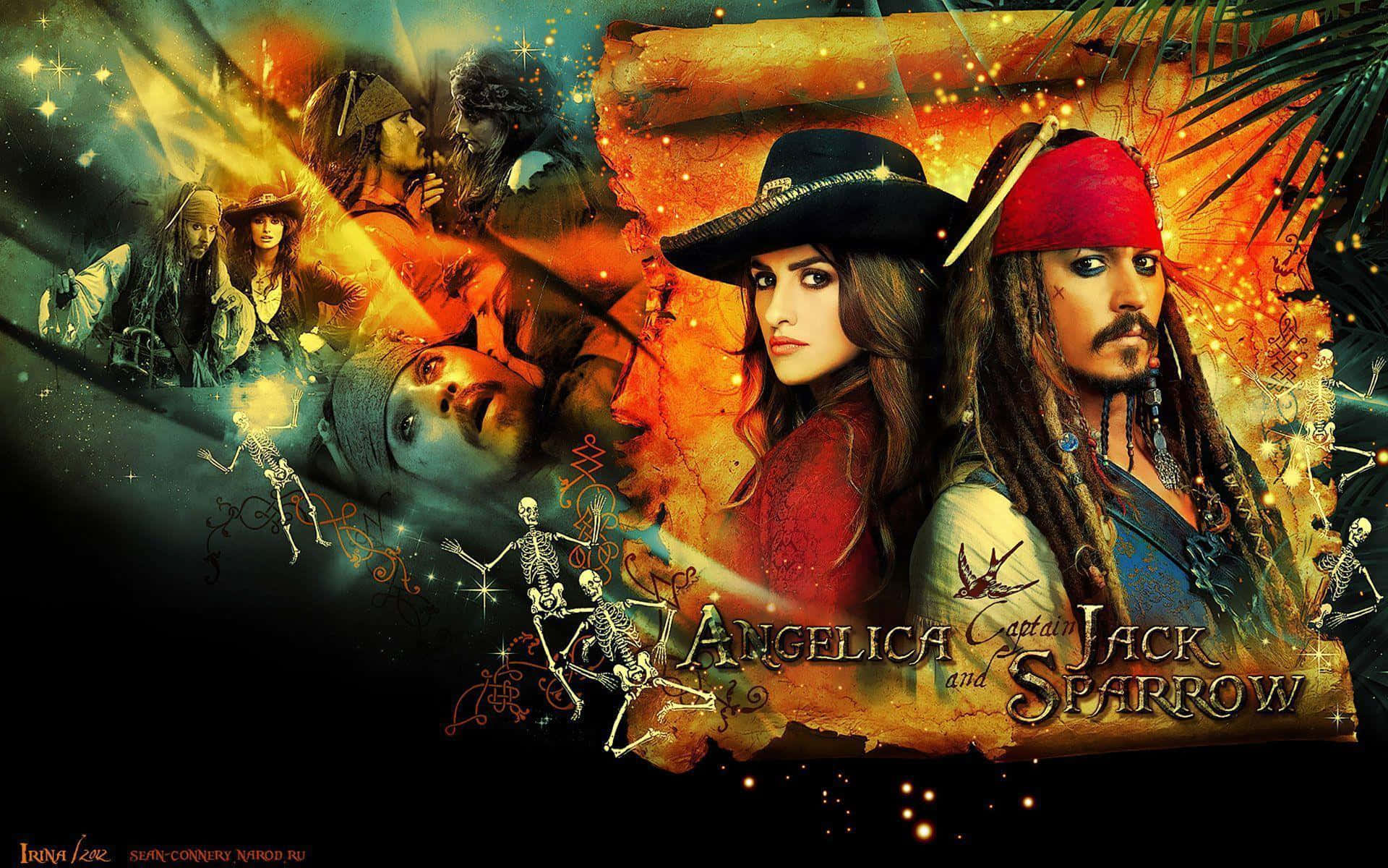 Pirates Of The Caribbean 桌布 壁紙 — 海盜船長和安潔莉卡站在發光的魔法漩渦和漂浮的骷髏中，構成一個充滿活力的奇幻場景。