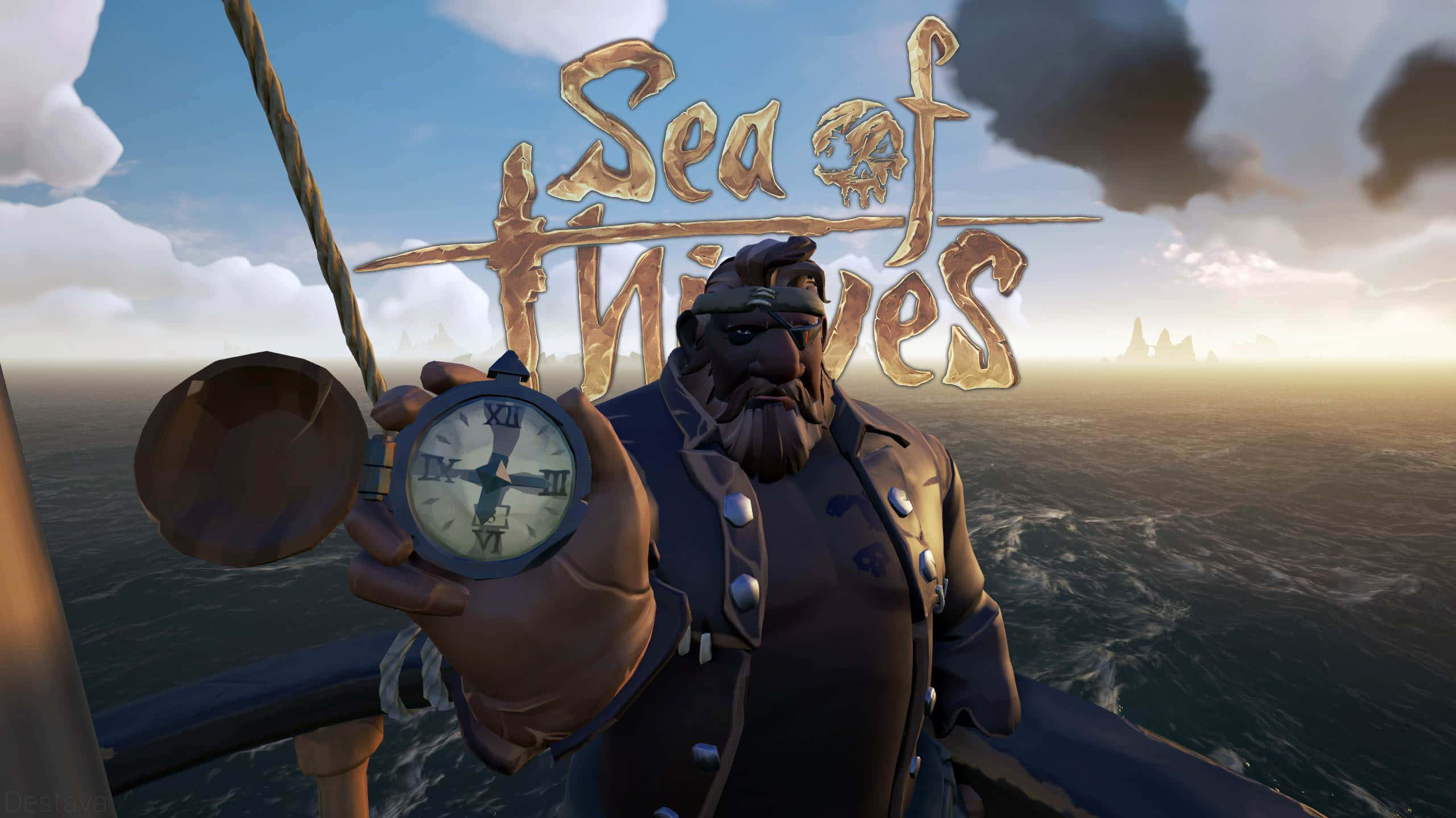Sea Of Thieves 桌布 壁紙 — 海盜船長在船上舉著指南針，背景是夕陽天空，上方閃耀著Sea of Thieves標誌。