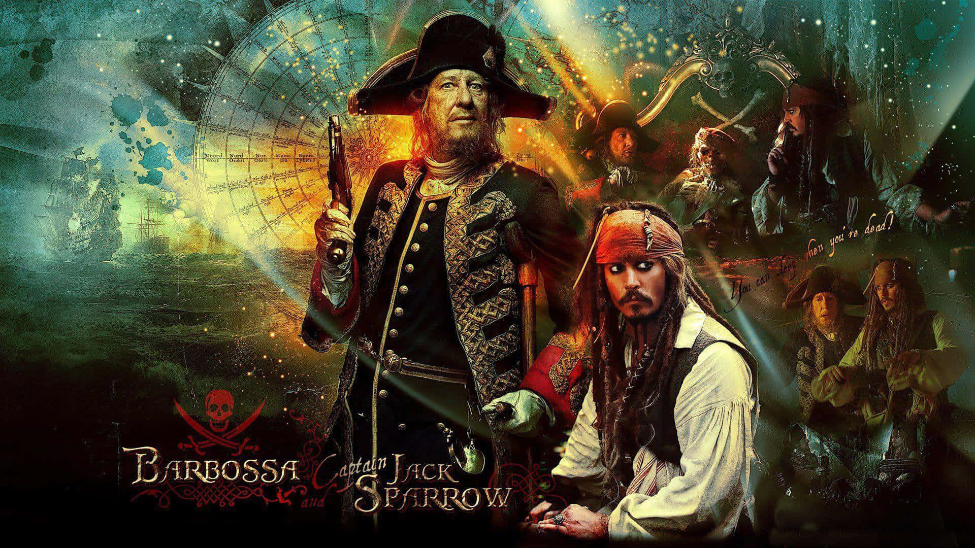 Pirates Of The Caribbean 桌布 壁紙 — 海盜船長積克·史派羅和巴博薩船長站在發光的羅盤前，船隻和船員在神秘的海景背景中。