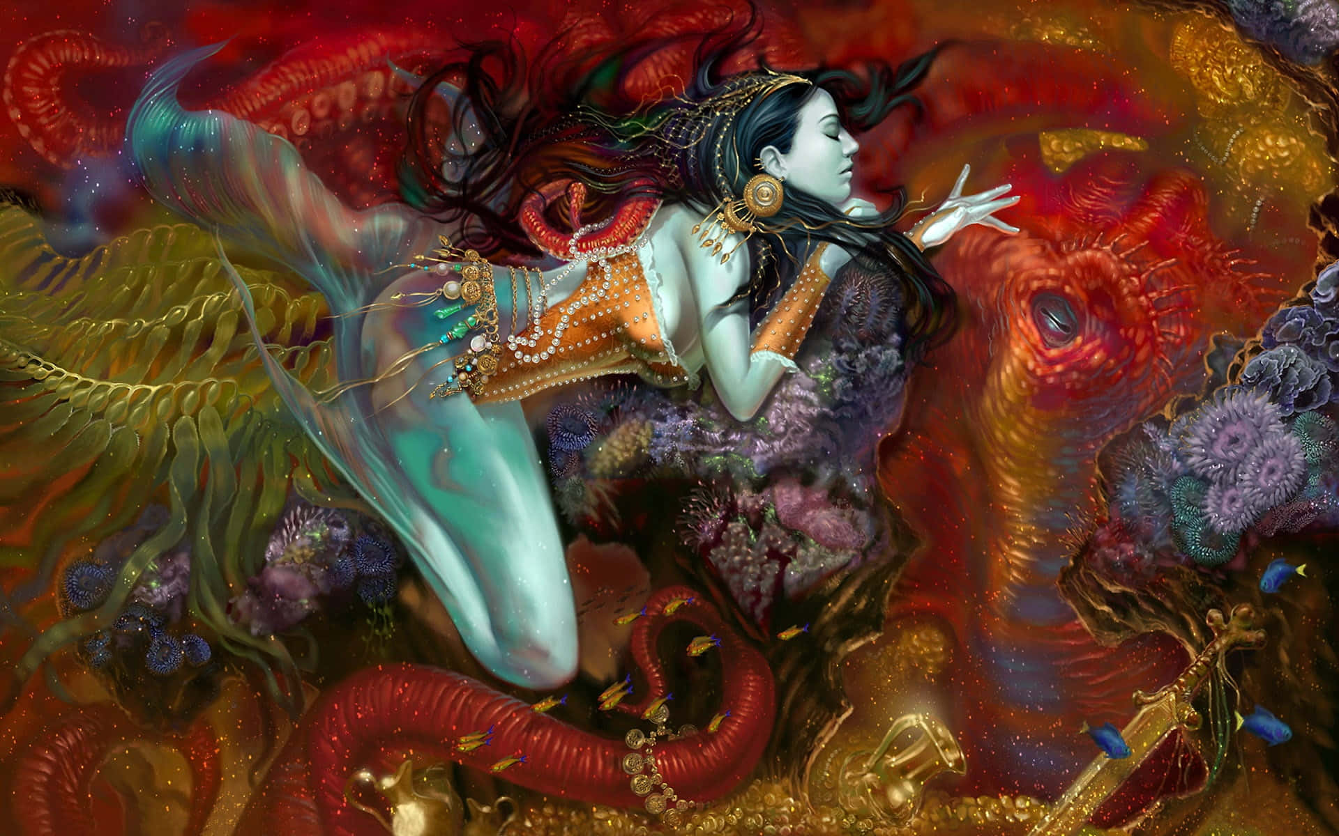 海神公主幻想藝術彩繪 壁紙 — 一位寧靜的美人魚，擁有飄逸的深色頭髮和華麗的珠寶，在充滿活力的珊瑚和發光的海洋生物中優雅地休息，置身於超現實的水下領域。
