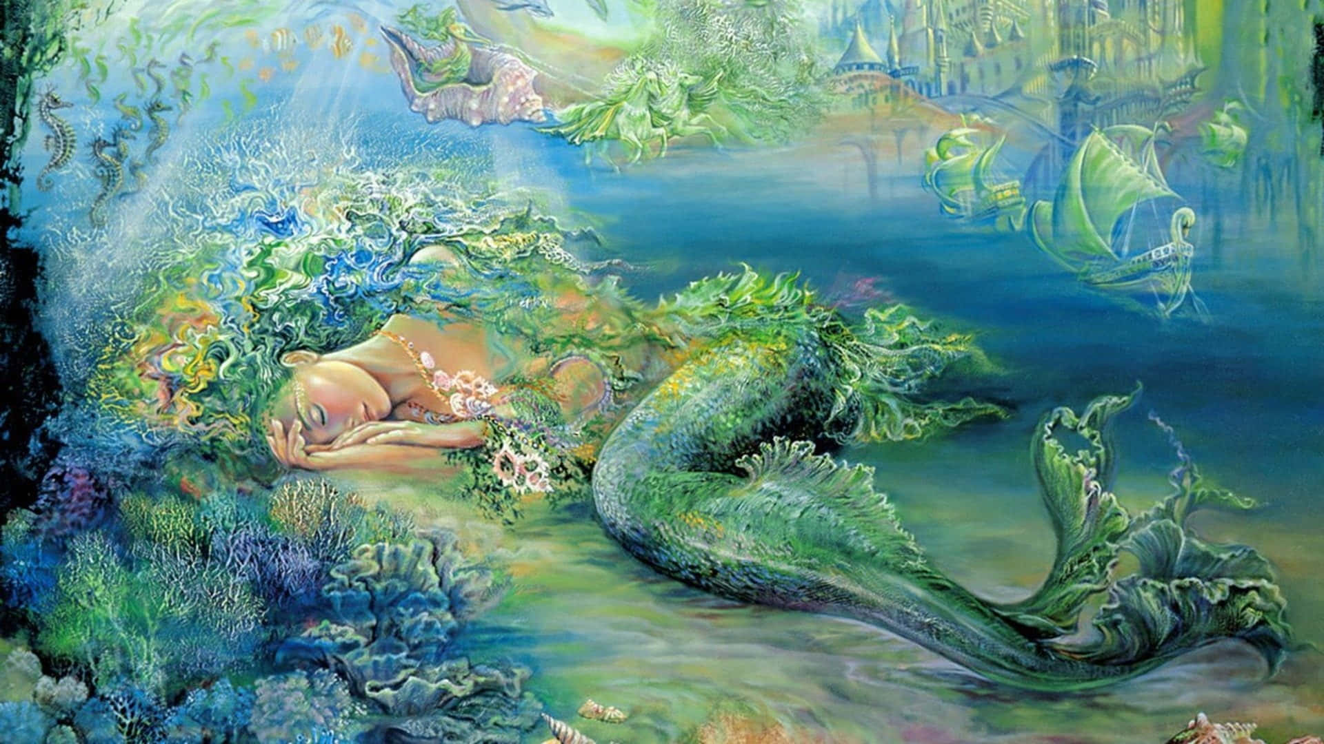 海神夢想：亞特蘭提斯色彩畫作 壁紙 — 一位寧靜的美人魚在充滿活力的珊瑚和發光的海洋生物中，於夢幻般的水下世界沉睡。