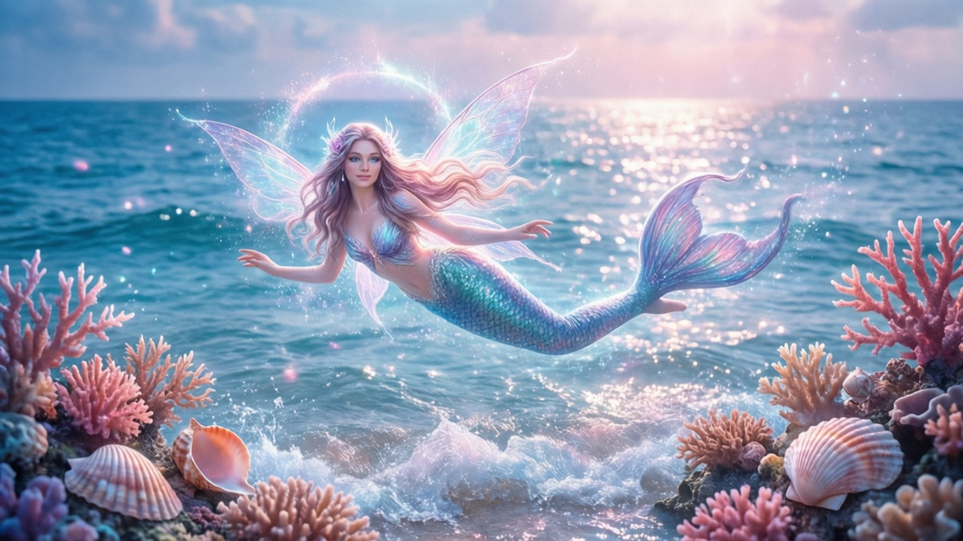 一位帶有發光翅膀的人魚漂浮在陽光照射的海水中，周圍是色彩繽紛的珊瑚和貝殼。