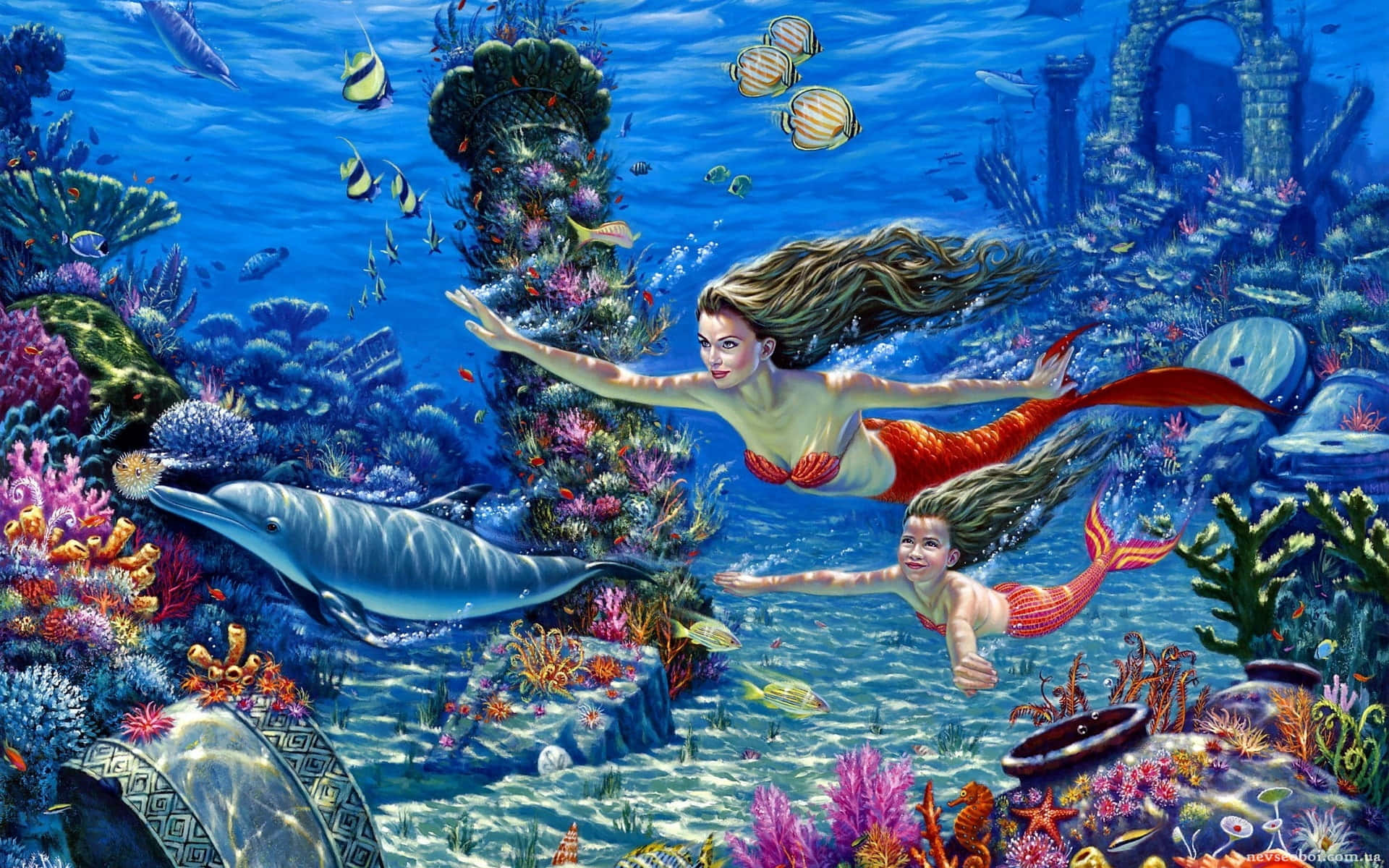 海神與海豚水下彩繪 壁紙 — 一條美人魚和一個孩子在陽光普照的廢墟附近，與海豚和色彩繽紛的魚兒一起滑過充滿活力的珊瑚礁。