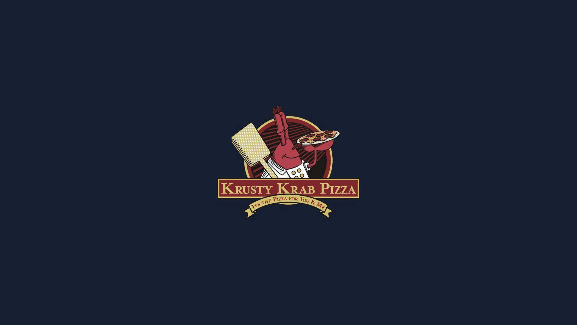 Krusty Krab Pizza 標誌，蟹揸住薄餅同鑊鏟。
