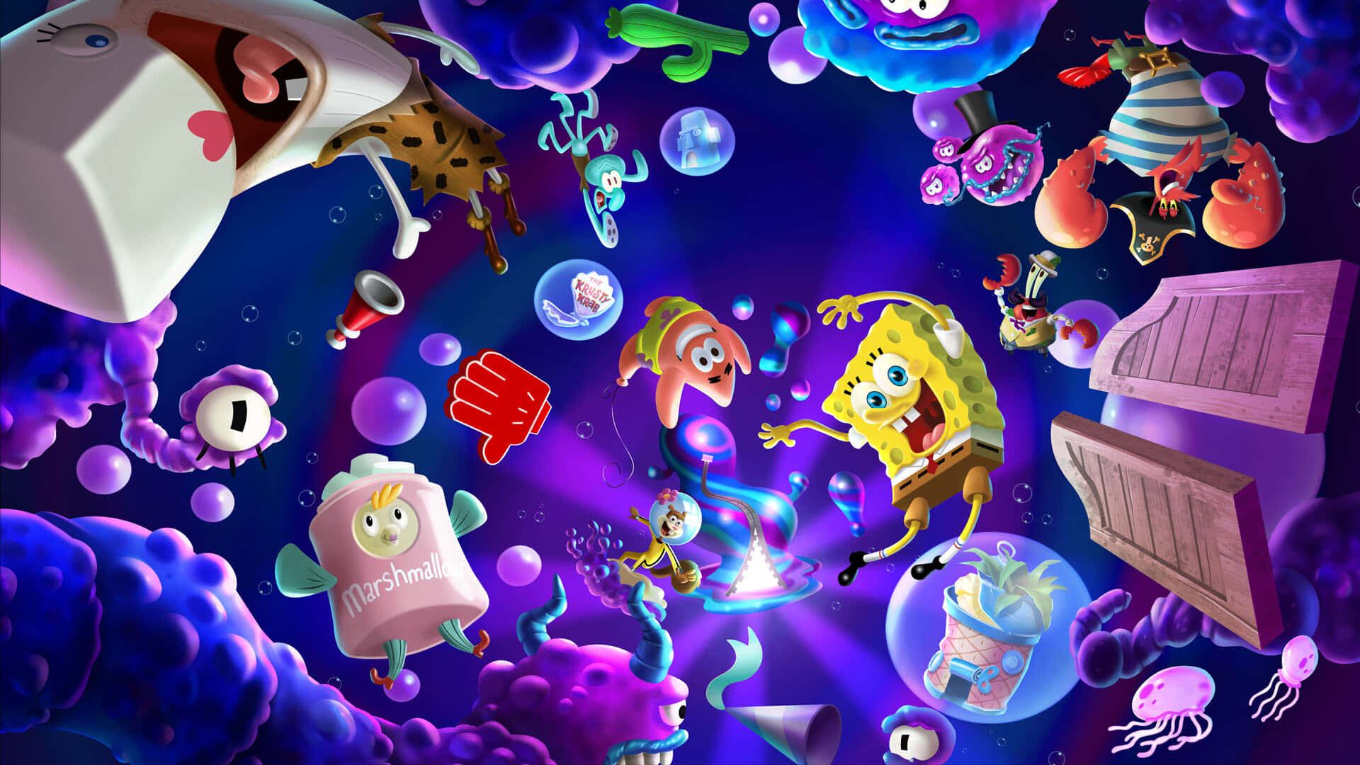 《海綿寶寶：宇宙搖擺》遊戲宣傳圖 壁紙 — 海綿寶寶和朋友們在充滿迷幻氣泡的水下夢境中快樂漂浮。