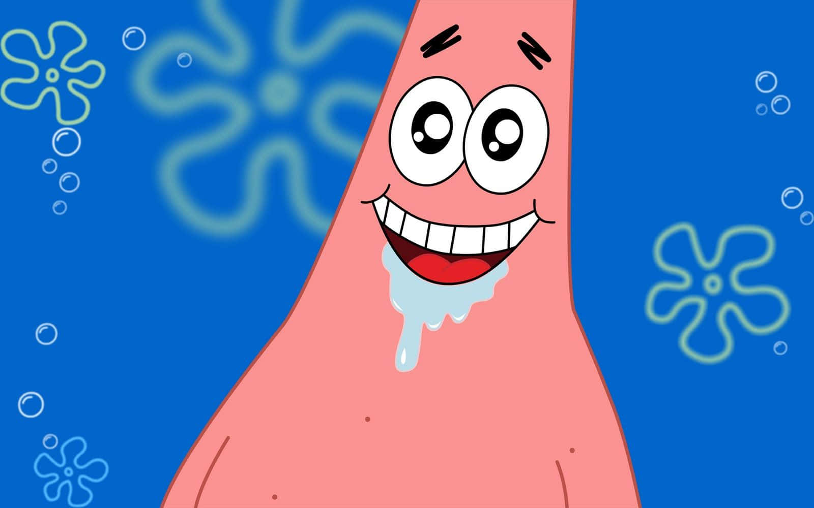 Funny Patrick 桌布 壁紙 — 海綿寶寶中的派大星露出燦爛的笑容，口水從嘴角滴落，背景是藍色海底，有泡泡和海葵。