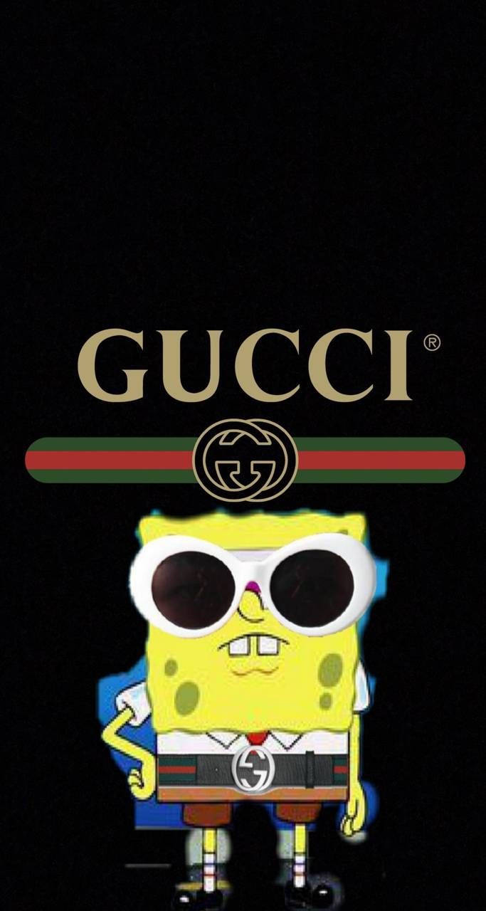 海綿寶寶戴著Gucci太陽眼鏡和品牌服裝，背景為黑色。