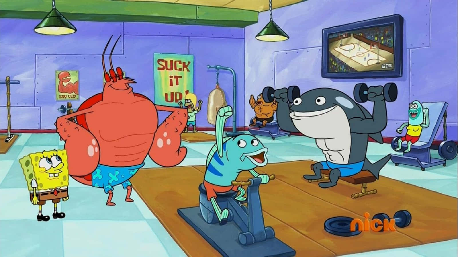 Larry The Lobster 桌布 壁紙 — 海綿寶寶和朋友們在色彩繽紛的健身房裡用啞鈴和健身器材鍛煉。