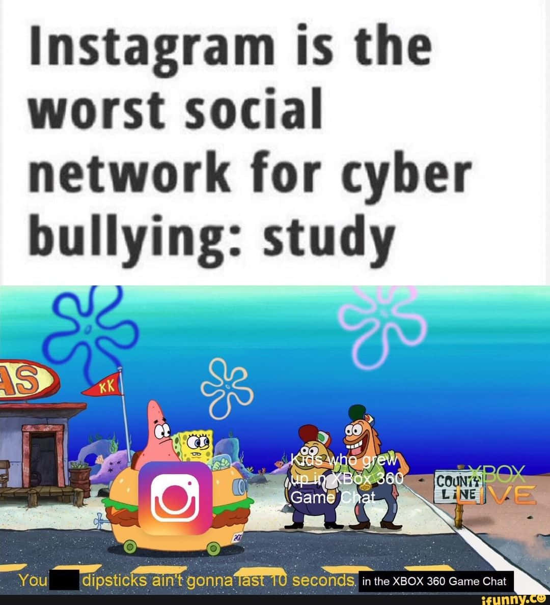 Internet Meme 桌布 壁紙 — 海綿寶寶和派大星駕駛一輛帶有Instagram標誌的漢堡形狀汽車，而兩名遊戲玩家站在附近的卡通比奇堡街景中。