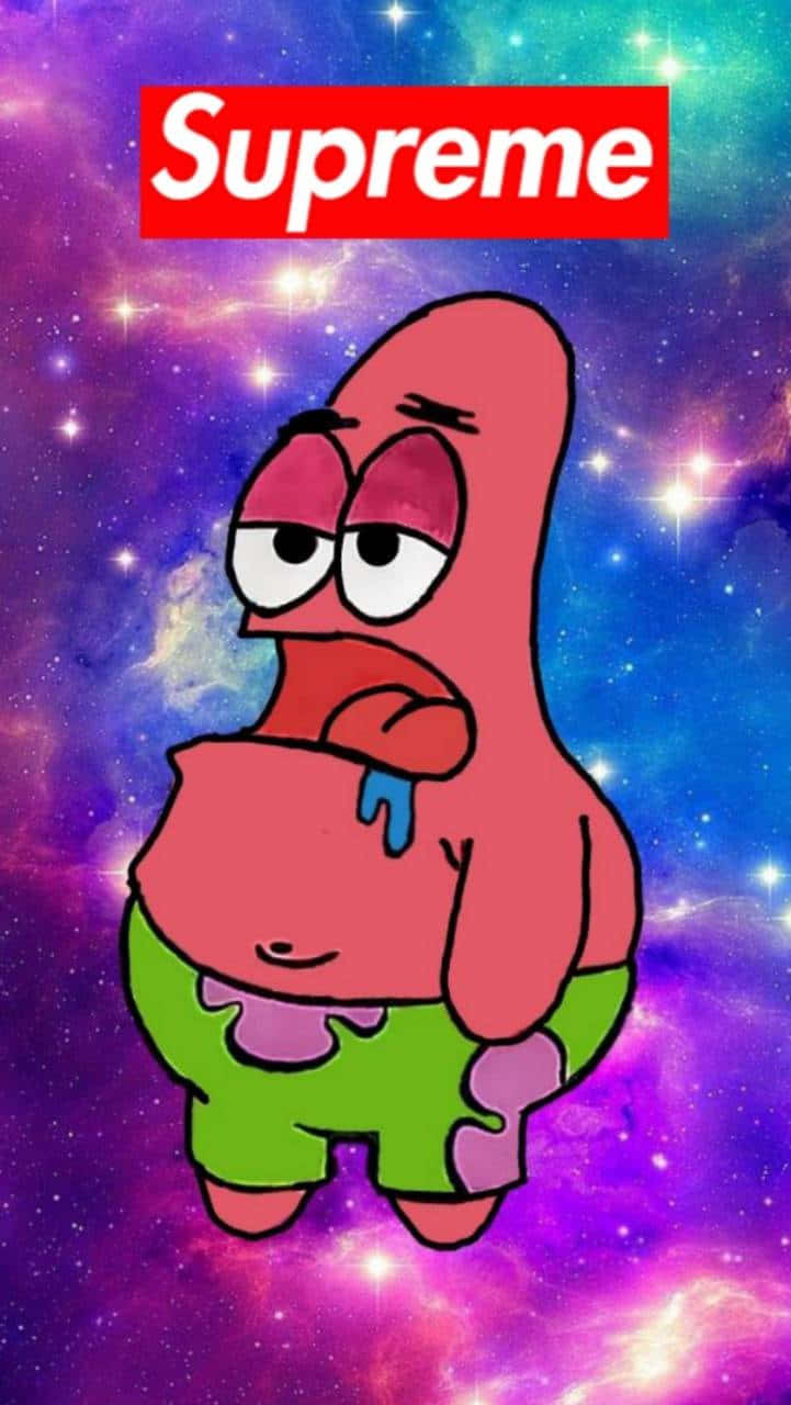 Spongebob Supreme 桌布 壁紙 — 海綿寶寶嘅派大星喺一個充滿活力嘅宇宙背景前，帶住紅色Supreme標誌，睇起嚟好攰同流口水。