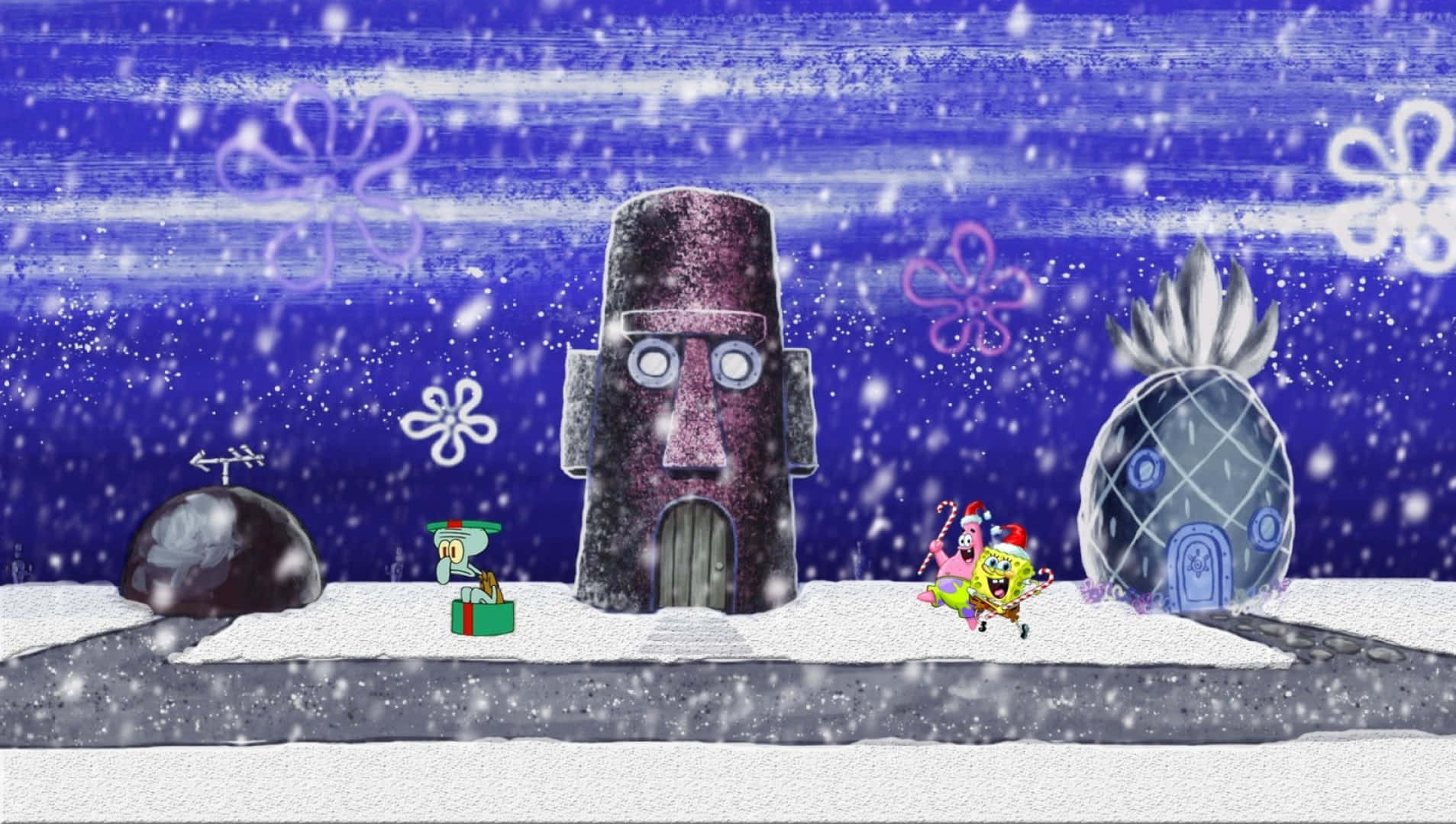 海綿寶寶和派大星穿著冬季裝備在雪花下慶祝聖誕節。