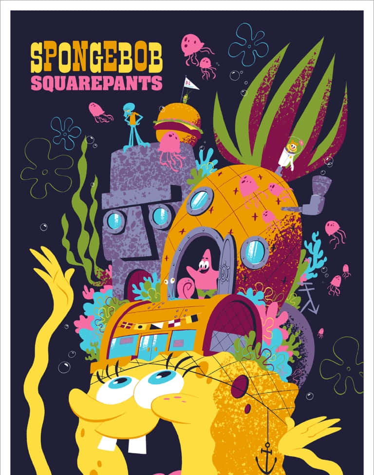 Cartoon Poster 桌布 壁紙 — 海綿寶寶的菠蘿屋聳立在一個充滿水母和珊瑚的 vibrant 海底城市之上，構成色彩繽紛的卡通場景。