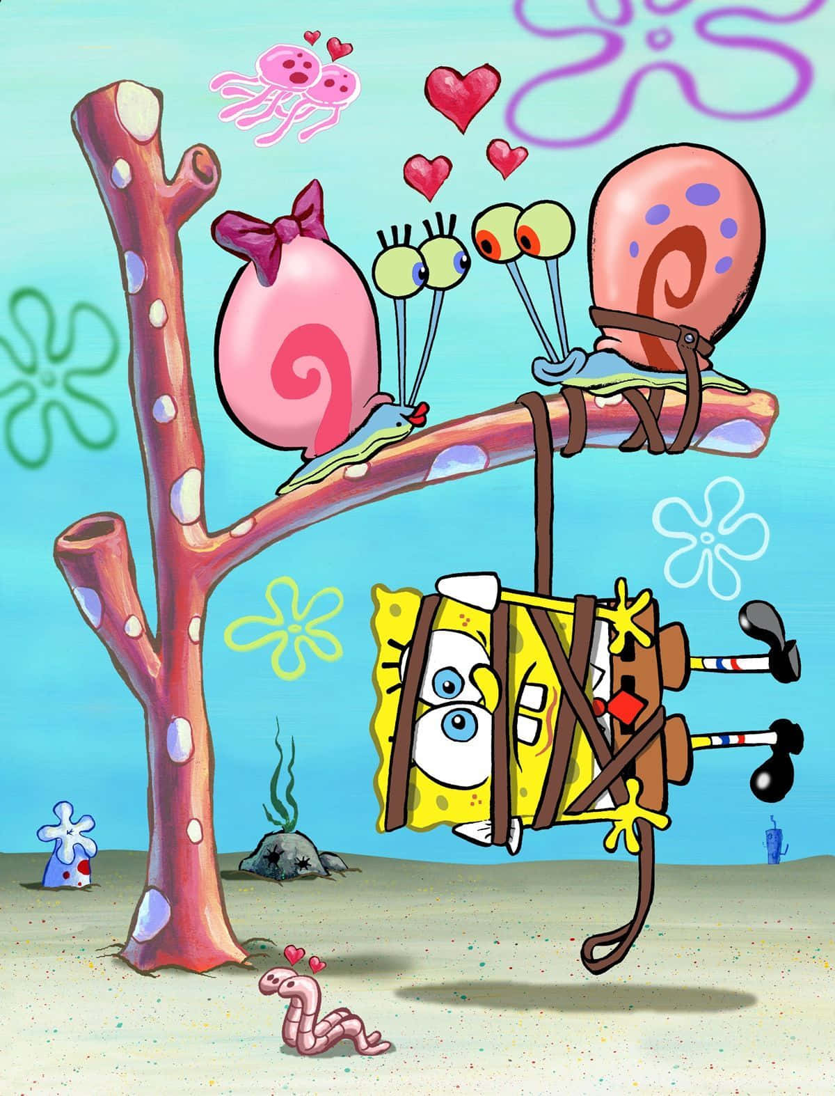 Gary The Snail 桌布 壁紙 — 海綿寶寶被繩子綁住掛在樹枝上，兩隻蝸牛帶著愛心向下看，卡通水下場景。
