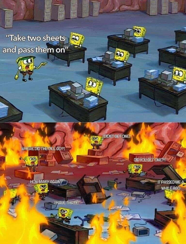 Educational Memes 桌布 壁紙 — 海綿寶寶角色在混亂的辦公室火災中，辦公桌燃燒，對話氣泡慌亂。
