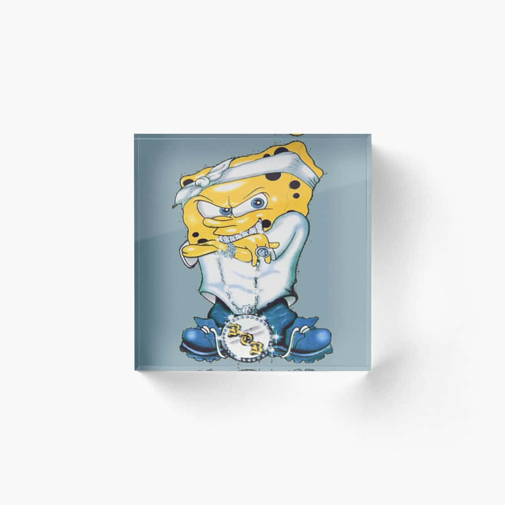 海綿寶寶酷炫服裝圖 壁紙 — 海綿寶寶在透明亞加力塊上以嘻哈姿勢戴著頭巾鏈和藍色運動鞋。