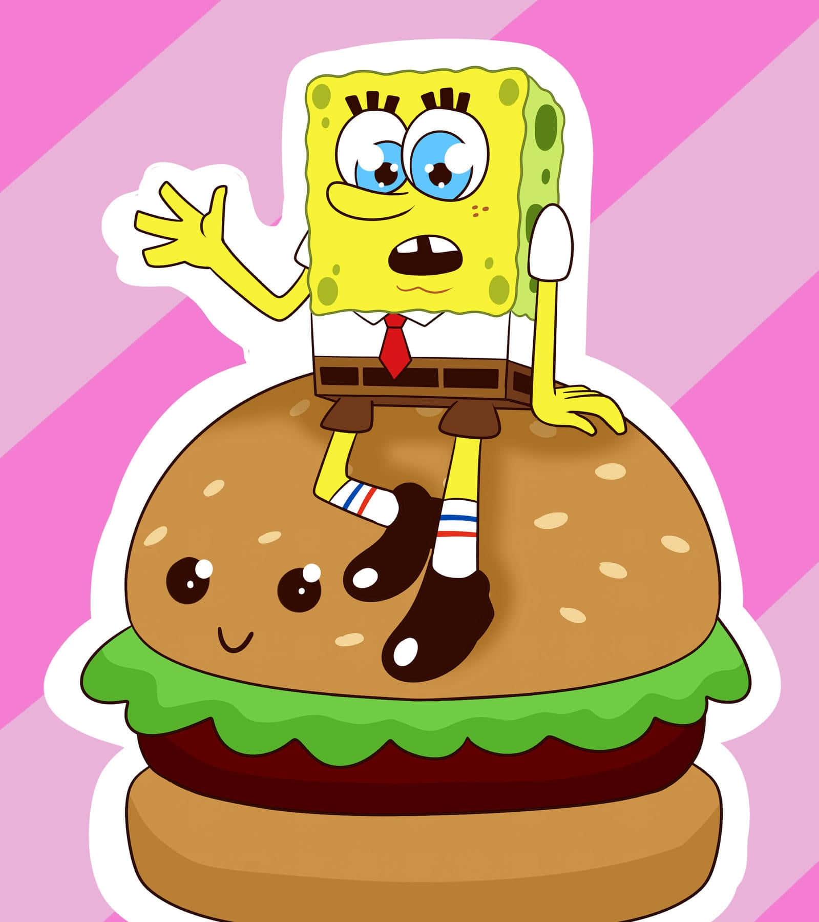 Krabby Patty 桌布 壁紙 — 海綿寶寶開心地坐在一個微笑的漢堡包上，背景是粉紅色斜紋。